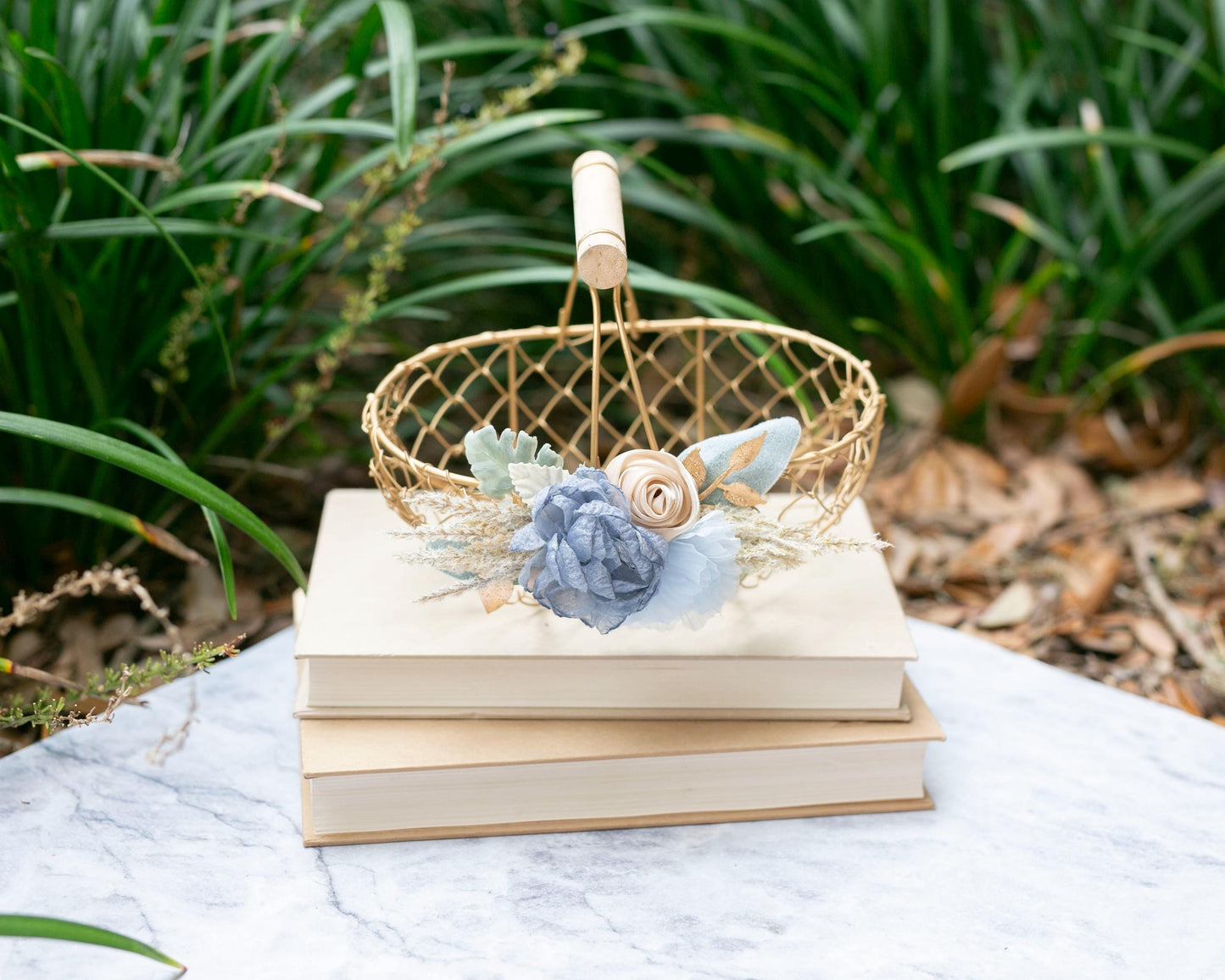 Coastal Flower Girl Basket & Ring Pillow Set: Boho Baby Blue Accents