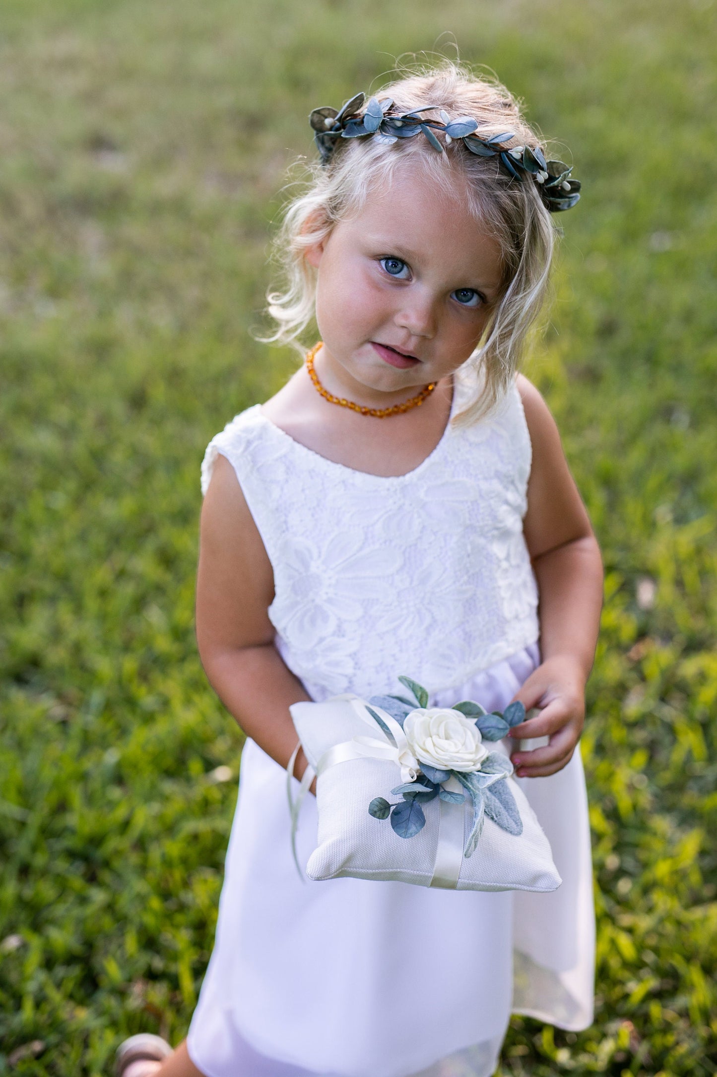 Eleanor Ivory Metal Flower Girl Basket & Ring Pillow Set: Eucalyptus Accent