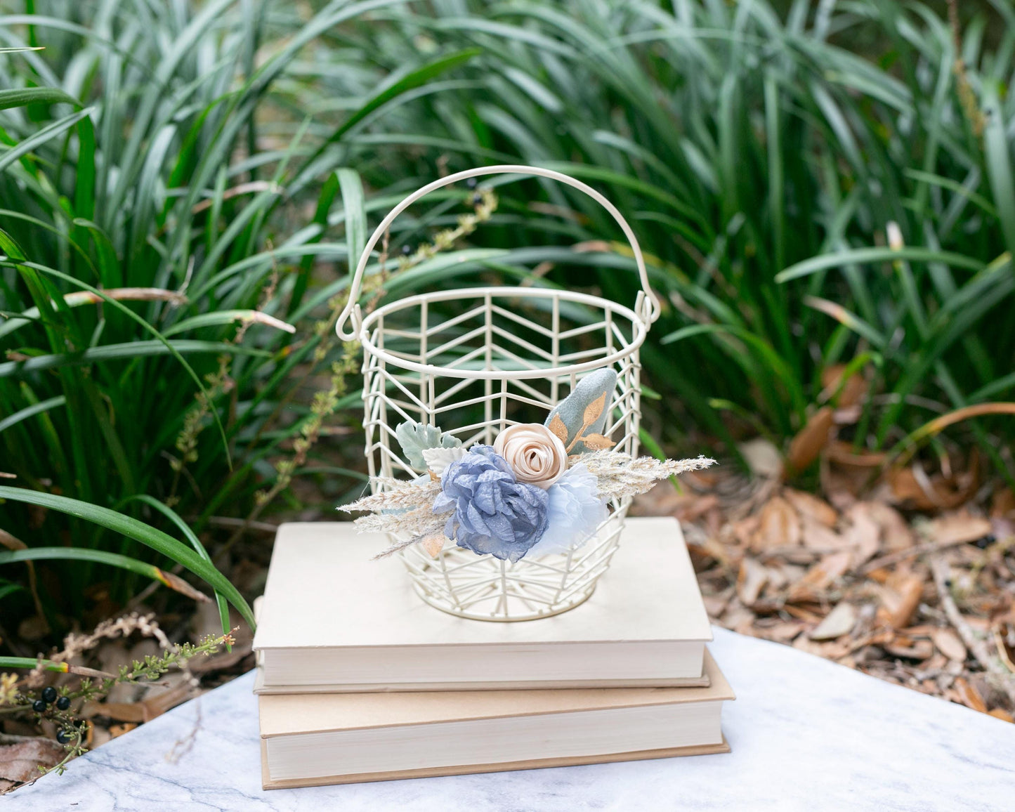 Coastal Flower Girl Basket & Ring Pillow Set: Boho Baby Blue Accents