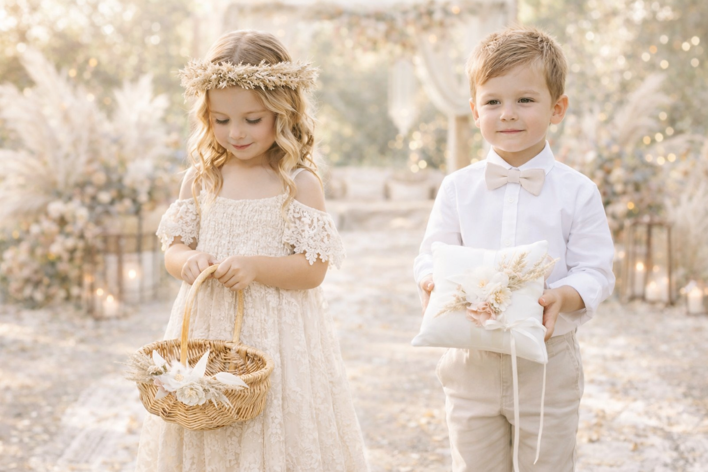 Fleur Light wood Flower Girl Basket & Ring Pillow Set