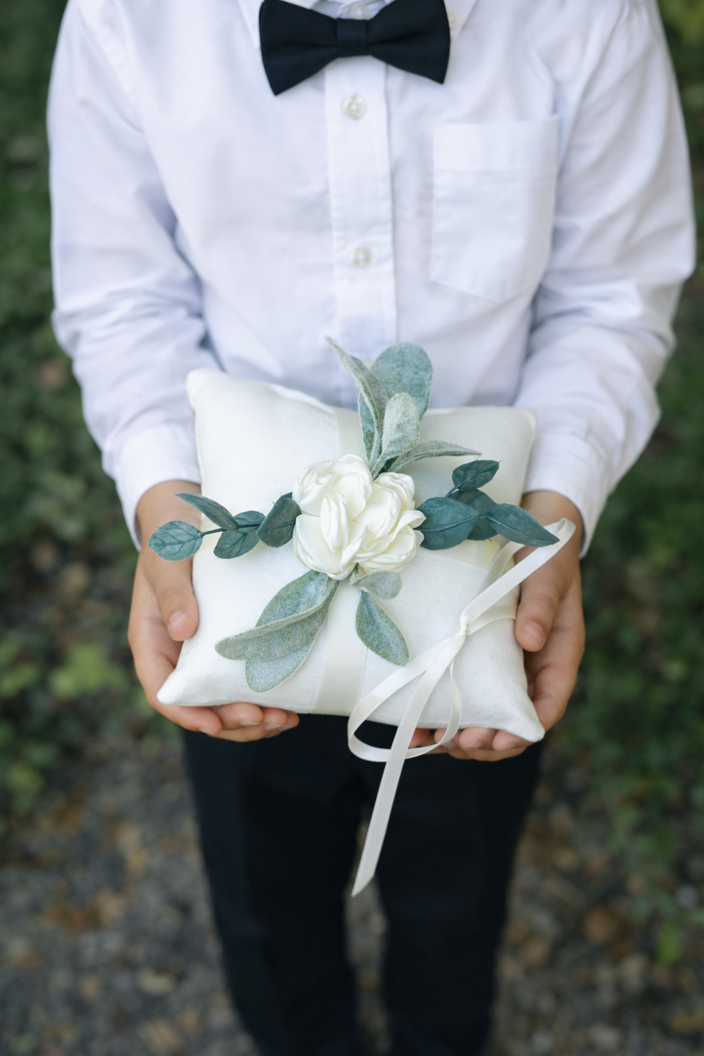 Sage Floral Ring Bearer Pillow: Ivory Linen-Look Wedding Ring Cushion