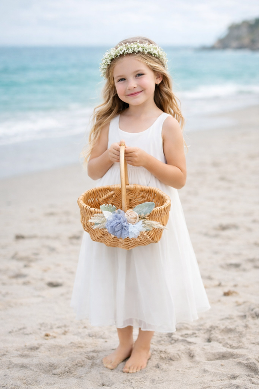 Coastal Flower Girl Basket & Ring Pillow Set: Boho Baby Blue Accents