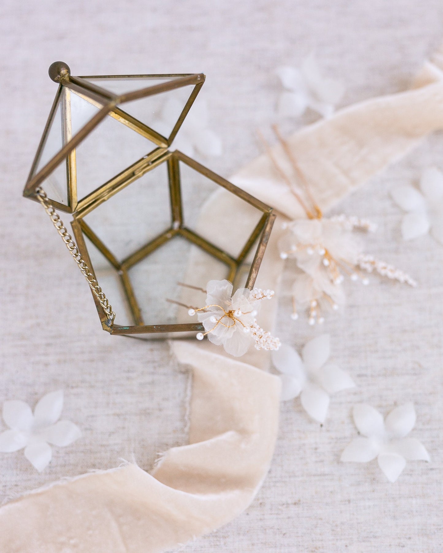 Seed Pearl Floral Hair Pins: Blush Organza Flower, Bridal Hair Jewelry