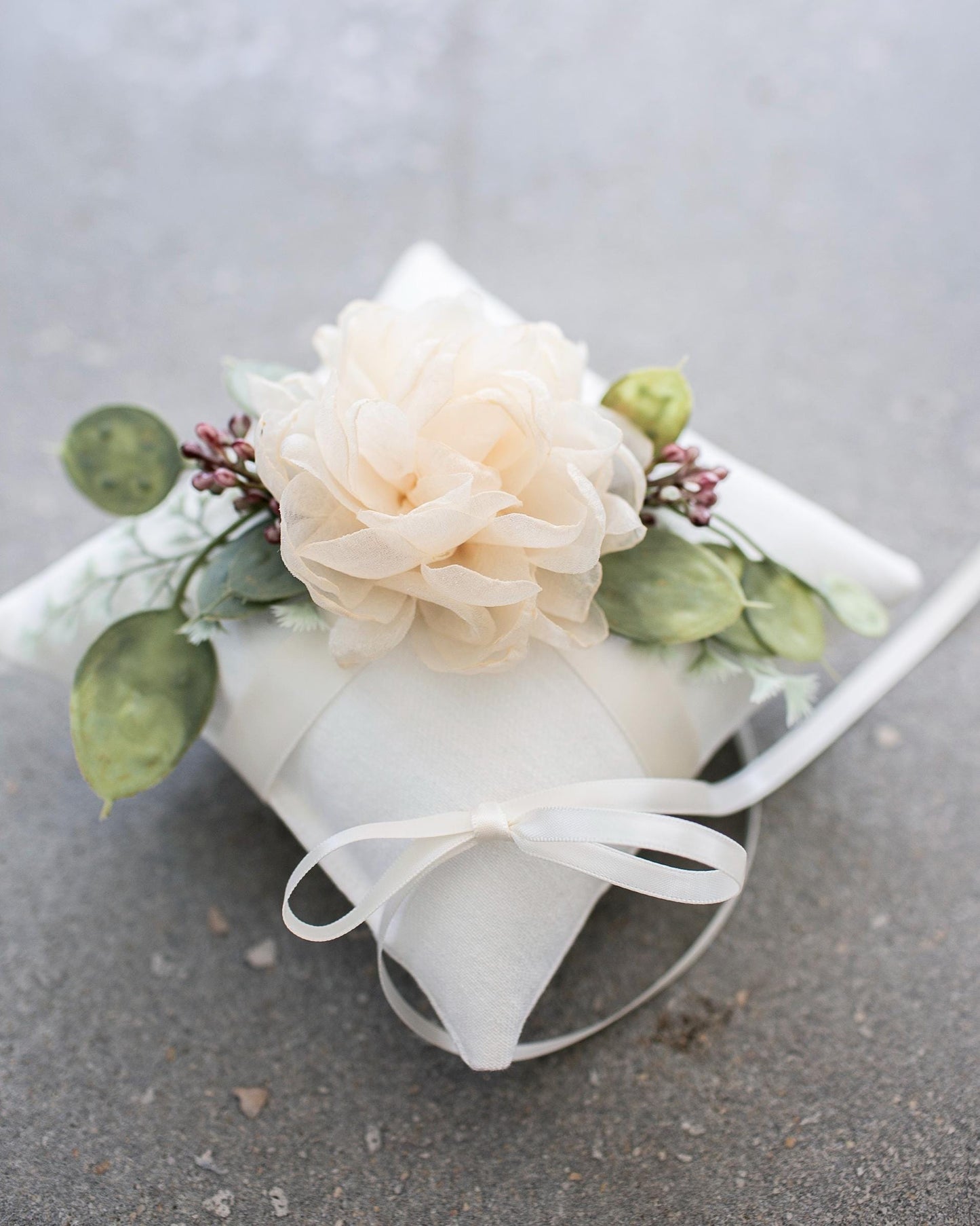 Delta Handmade Ivory Ring Bearer Pillow: Eucalyptus & Floral Accent