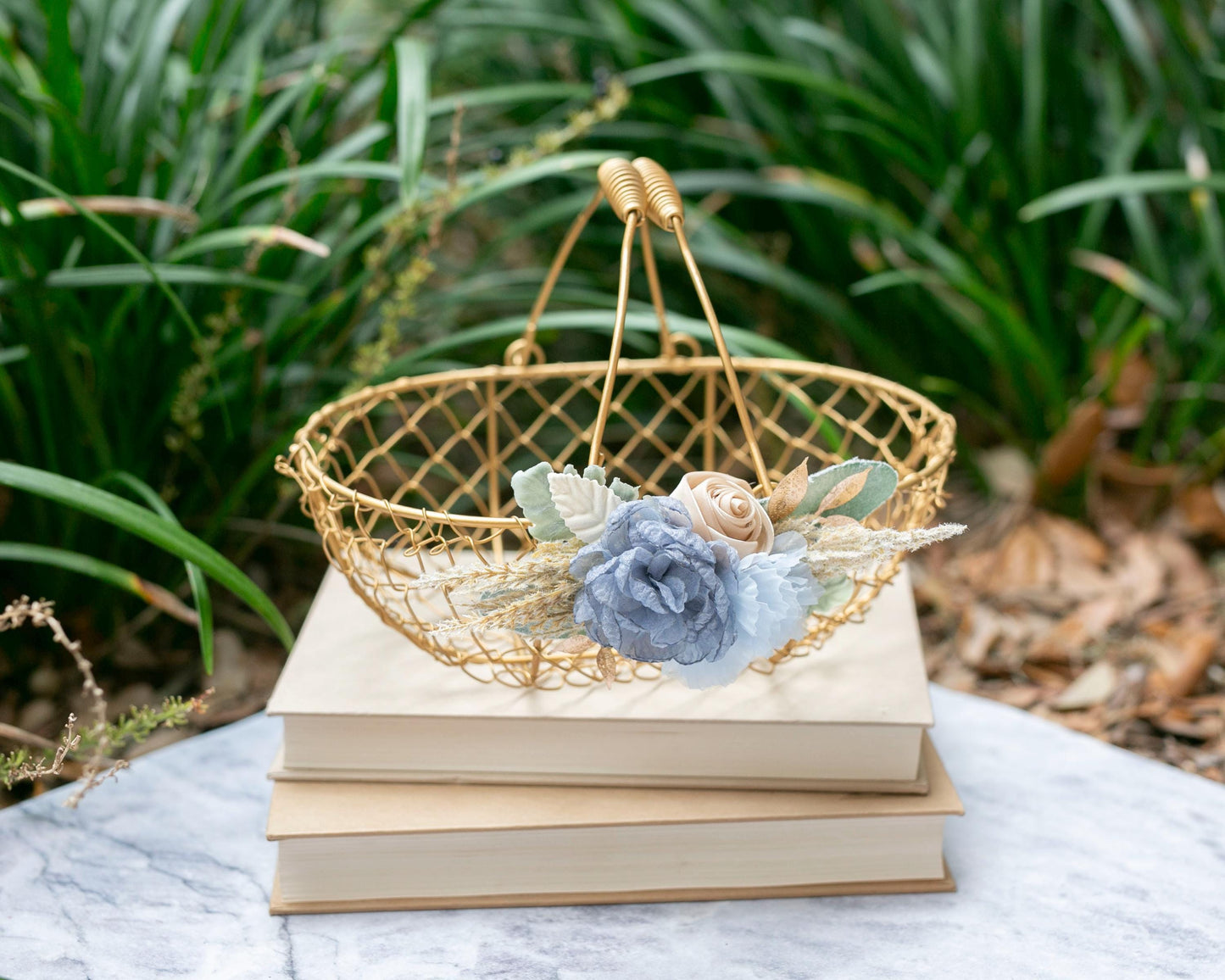 Coastal Flower Girl Basket & Ring Pillow Set: Boho Baby Blue Accents