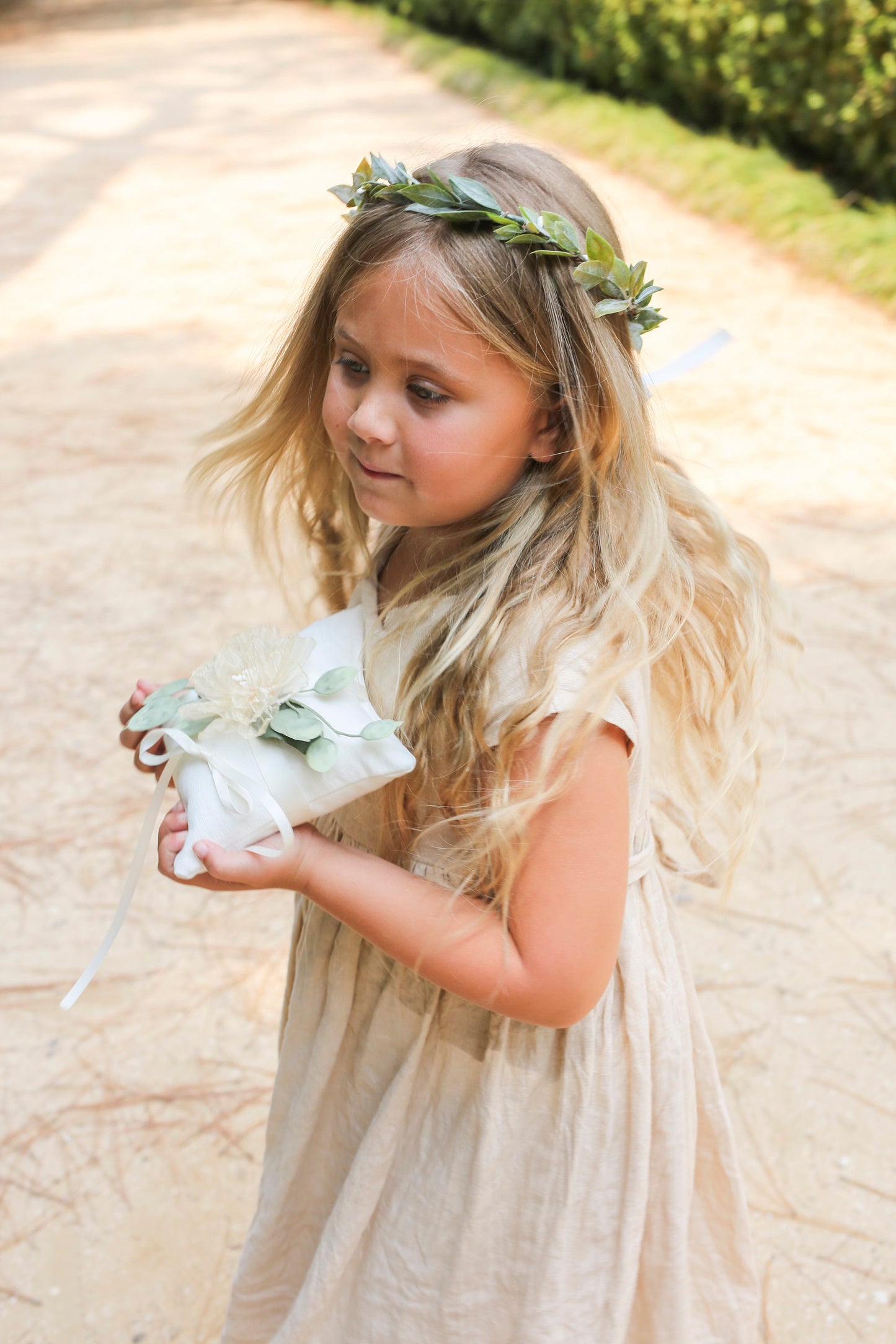 August Eucalyptus Ring Bearer Pillow: Ivory Linen, Floral Accent | Choose your flower color