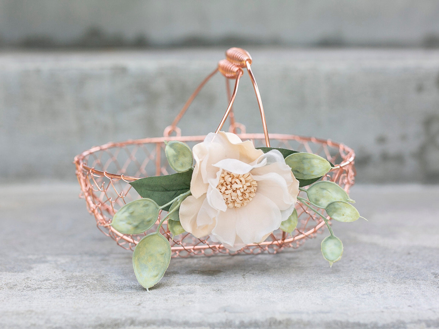 Rose Gold Flower Girl Basket: Eucalyptus & Camellia Wedding Decor