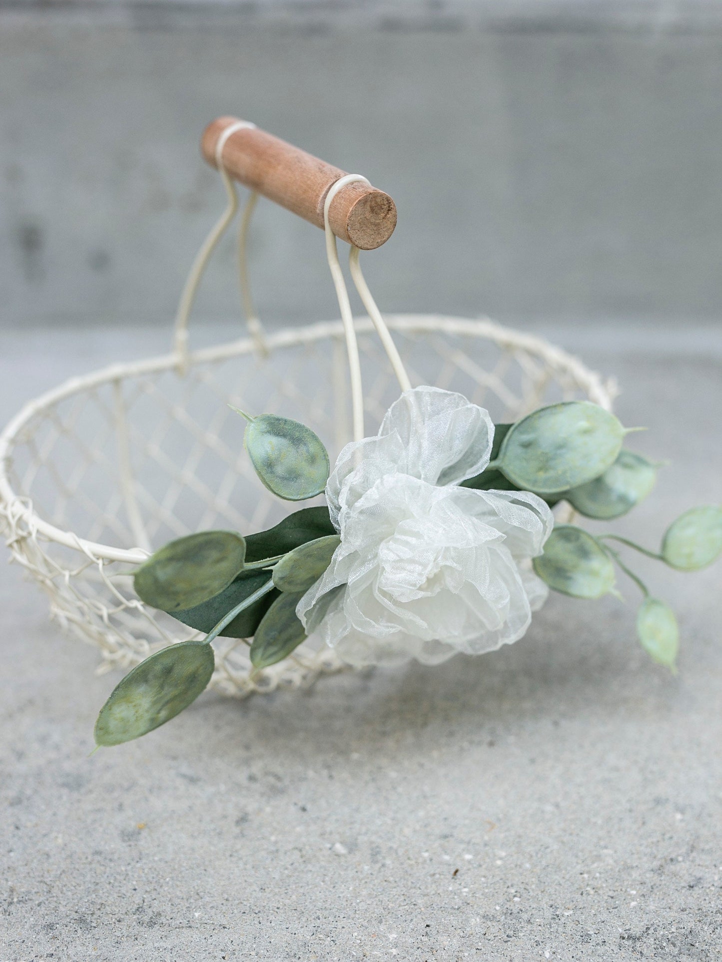 Lola Boho Flower Girl Basket | Ivory Wire, Organza Flower & Eucalyptus