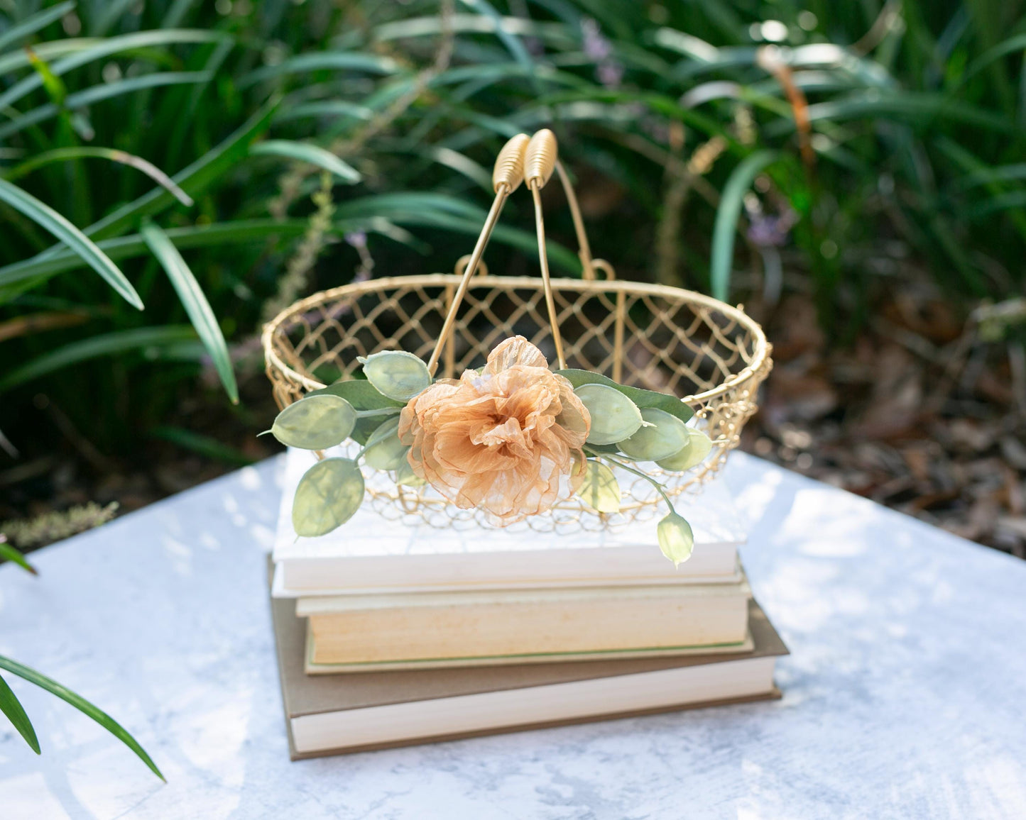 Champagne Gold Flower Girl Basket: Handmade Organza Rose Wedding Decor