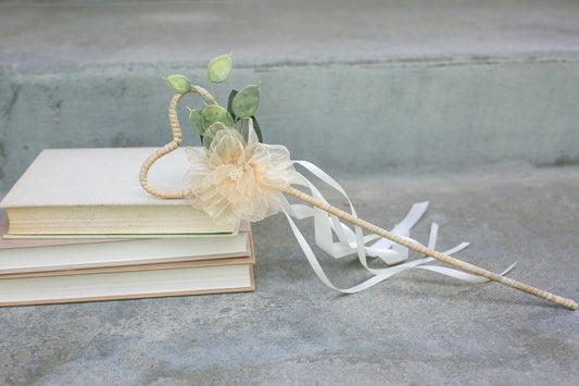 Amber Flower Girl Wand: Heart Rattan, Ivory Ribbon Wedding Accessory