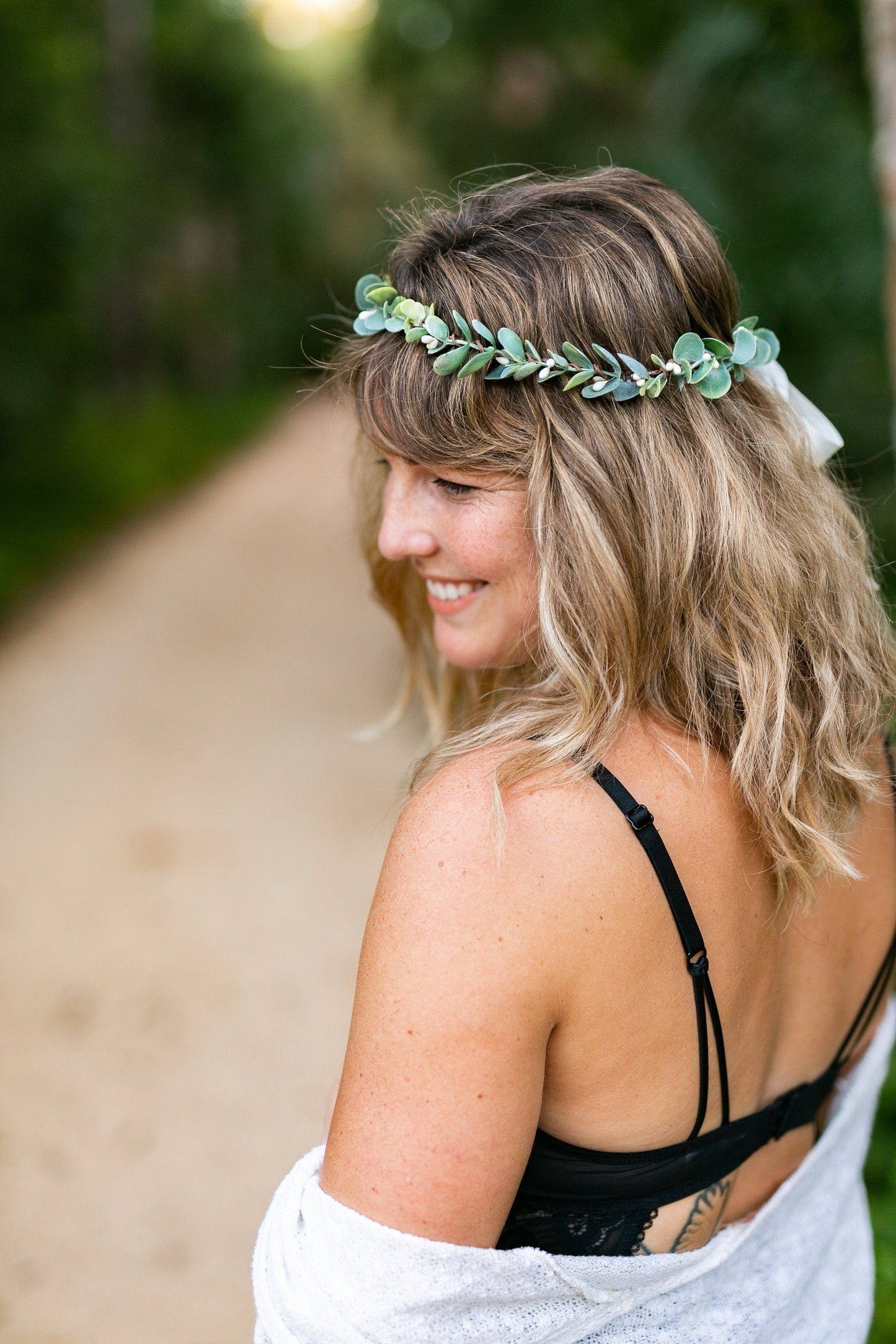 Isla Green Eucalyptus Leaf Crown: Boho Bridal Hairpiece