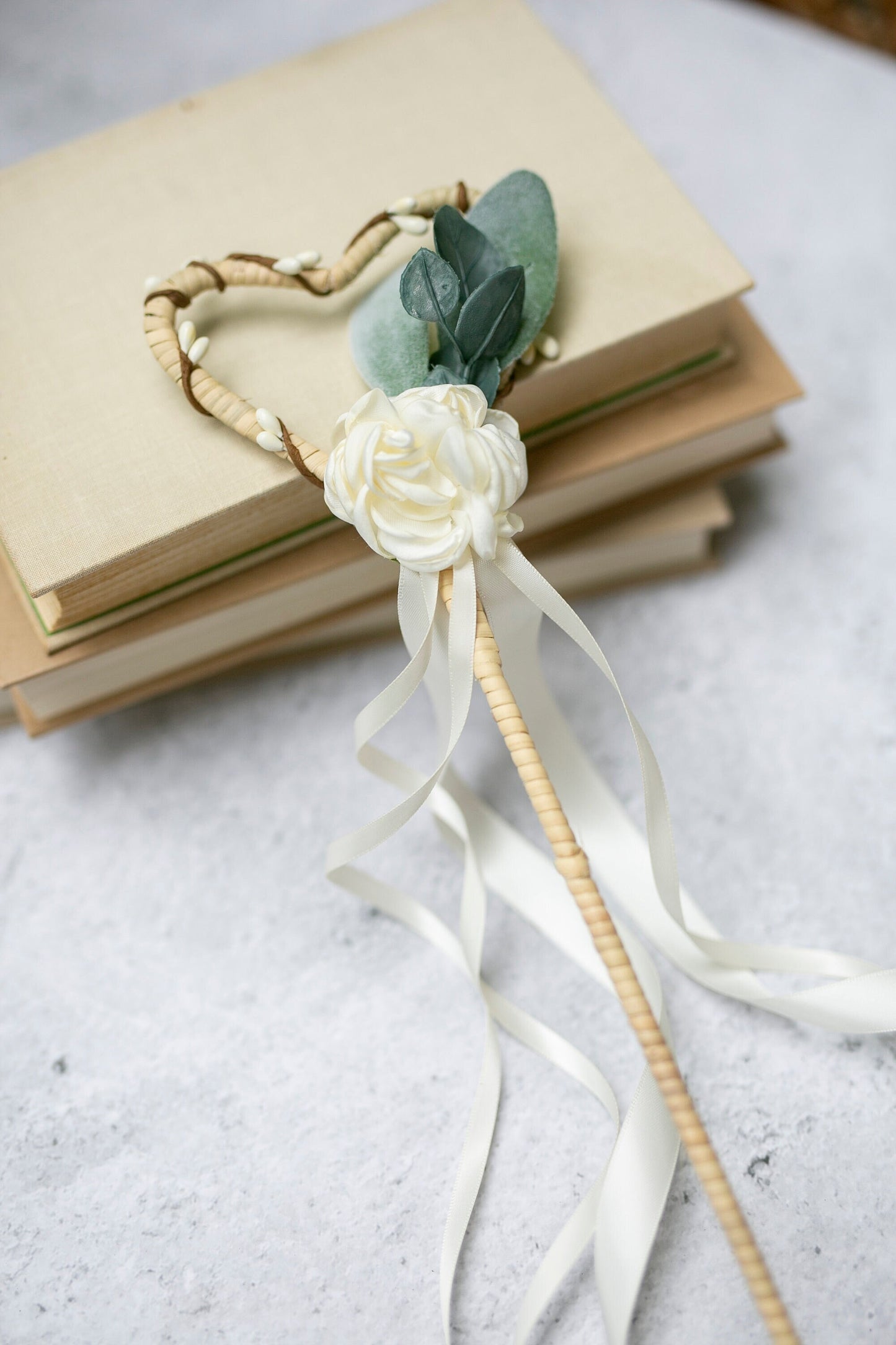 Flower Girl Heart Wand: Ivory Rosette, Satin Ribbons Wedding Wand