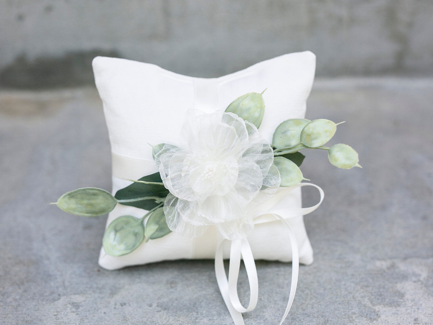 August Eucalyptus Ring Bearer Pillow: Ivory Linen, Floral Accent | Choose your flower color