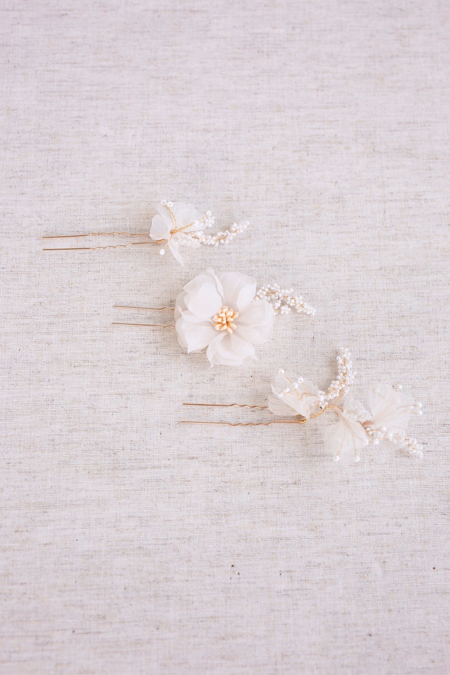 Seed Pearl Floral Hair Pins: Blush Organza Flower, Bridal Hair Jewelry