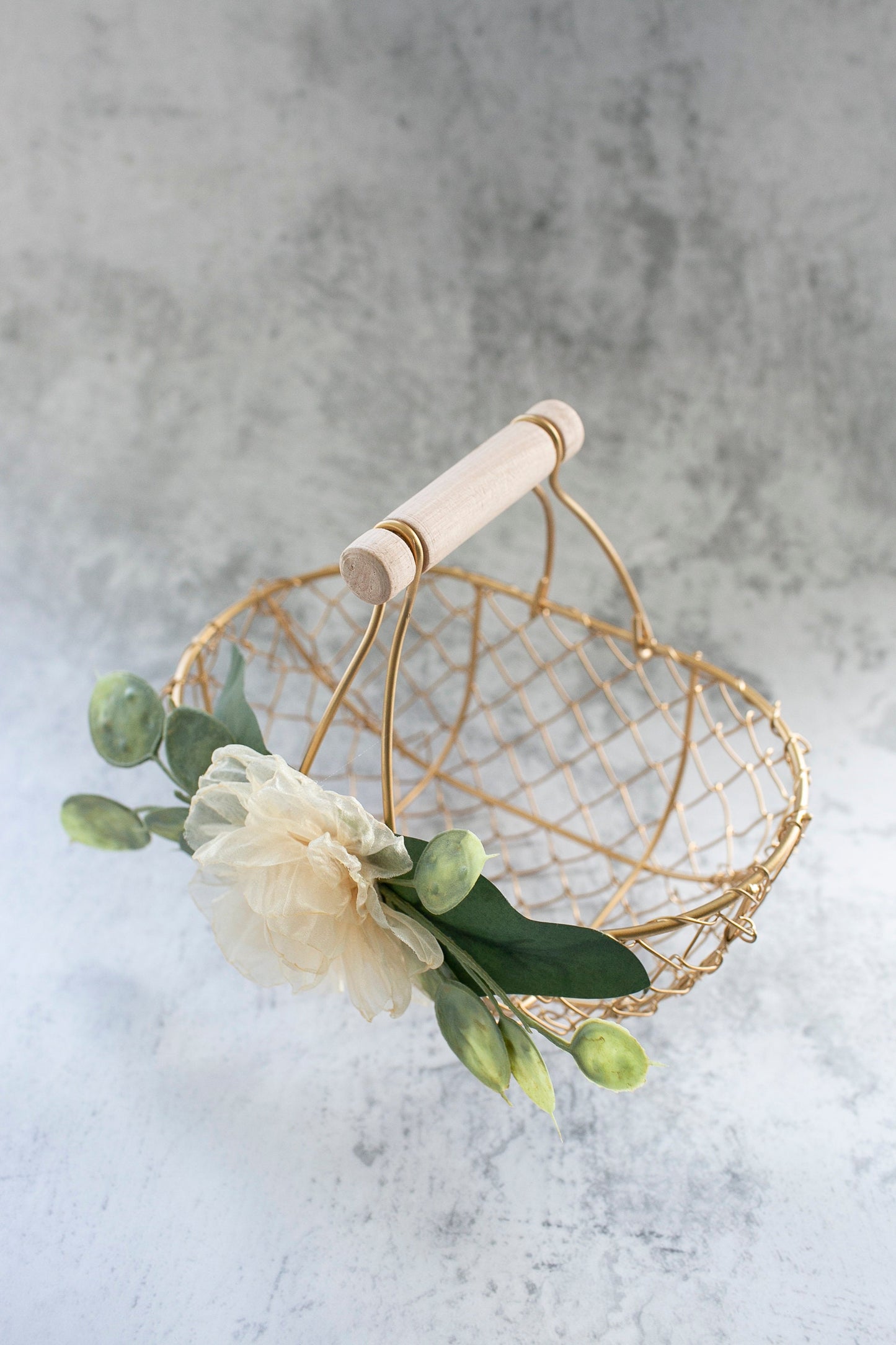 Amber Champagne Gold Wedding Flower Girl Basket and Ring Bearer Pillow Set: Eucalyptus & Organza Floral Accessories