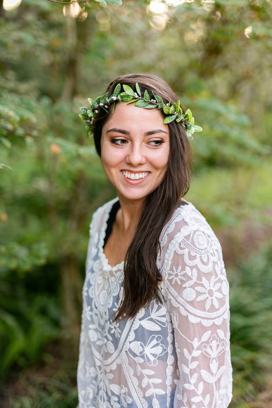 Piper Sage Leaf Crown: Boho Wedding Hair Piece with Ivory Ribbon