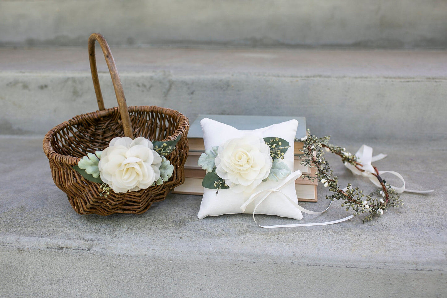 Rustic Willow Flower Girl Basket with Greenery & Chiffon Flower