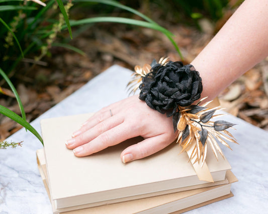 Black & Gold Flower Corsage: Roaring Twenties Prom, Wedding Keepsake