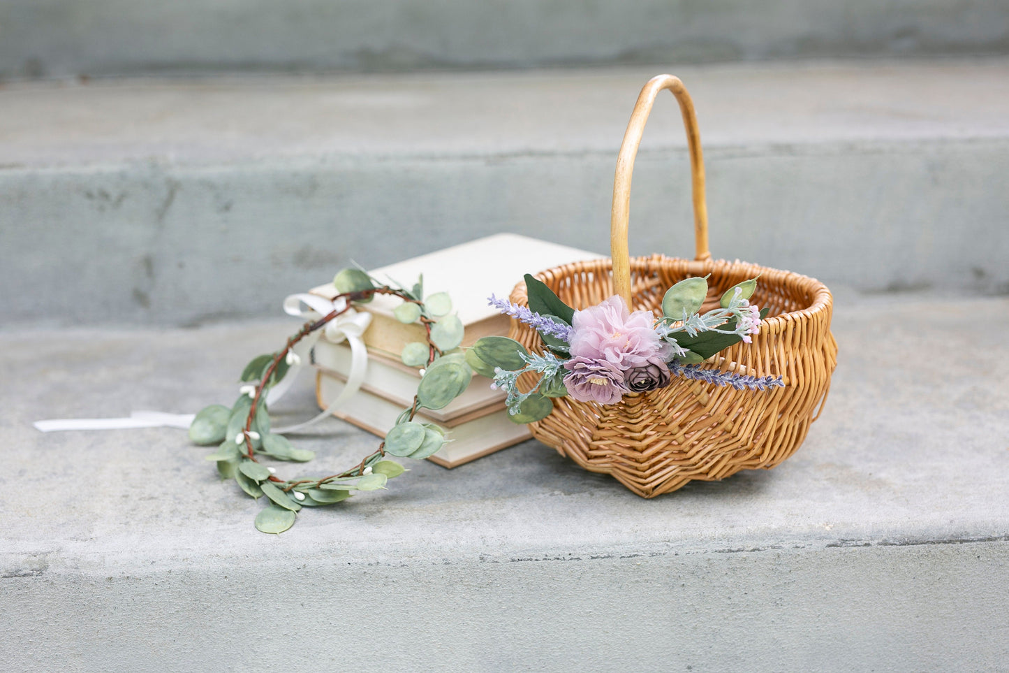 Flower Girl Basket Set | Boho Wedding Flower Girl Gift | Lavender & Mauve Wedding | Whimsical Matching Flower Girl Basket + Ring Pillow Set