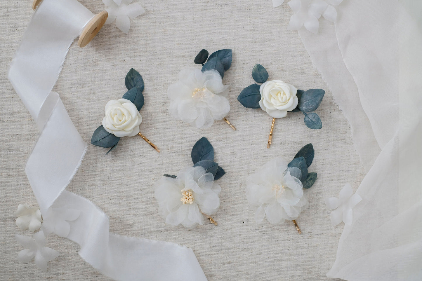 Eucalyptus Bridal Hair Pins: Silk Organza Flower Wedding Accessory