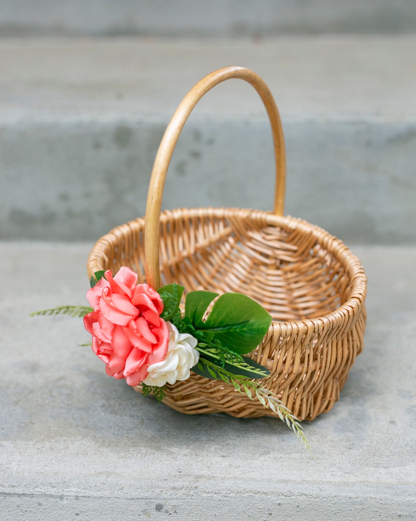 Tropical Flower Girl Basket: Coral Floral Wicker Wedding Decor