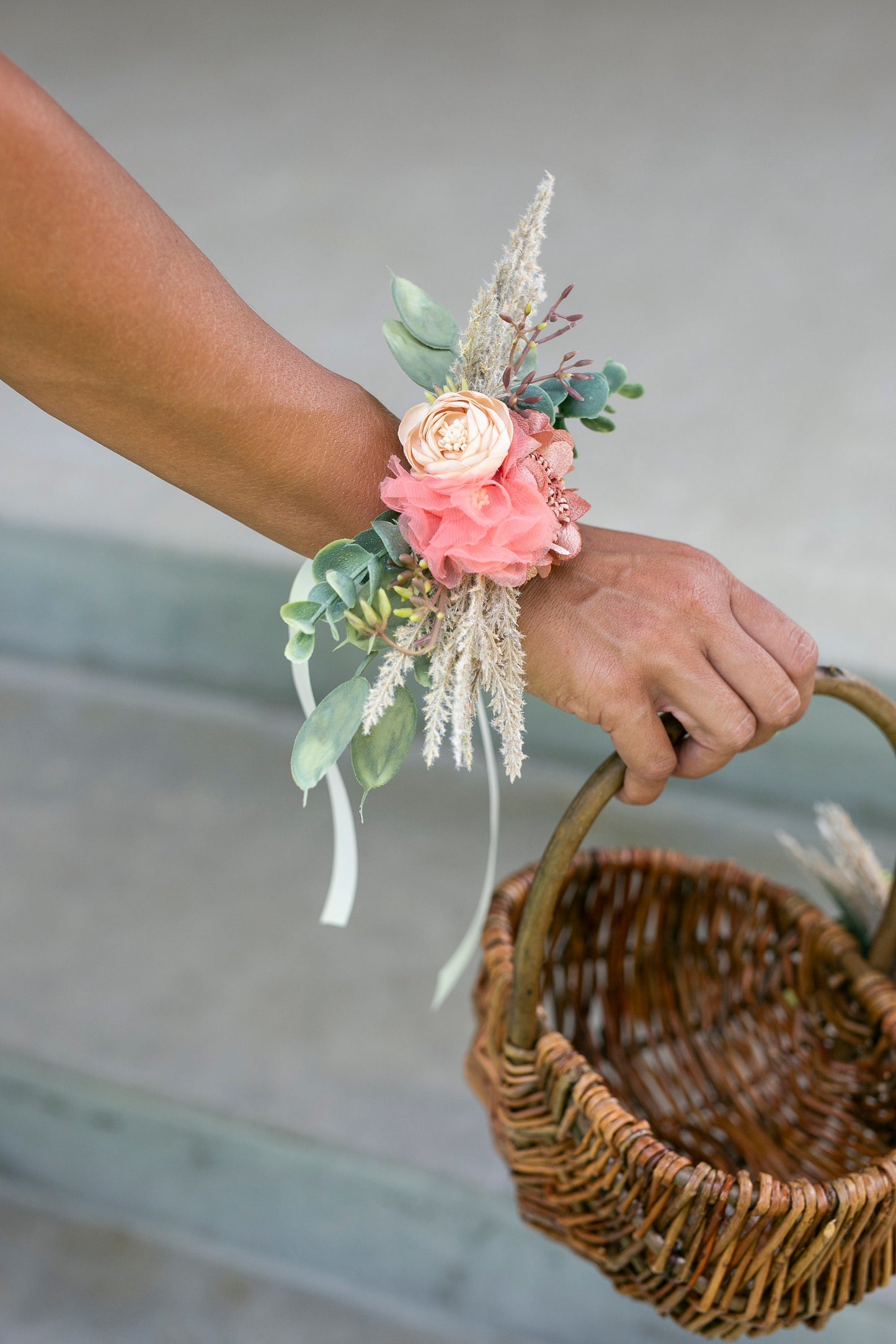 Floral Wedding Corsage: Eucalyptus, Pampas Grass & Fabric Wildflowers