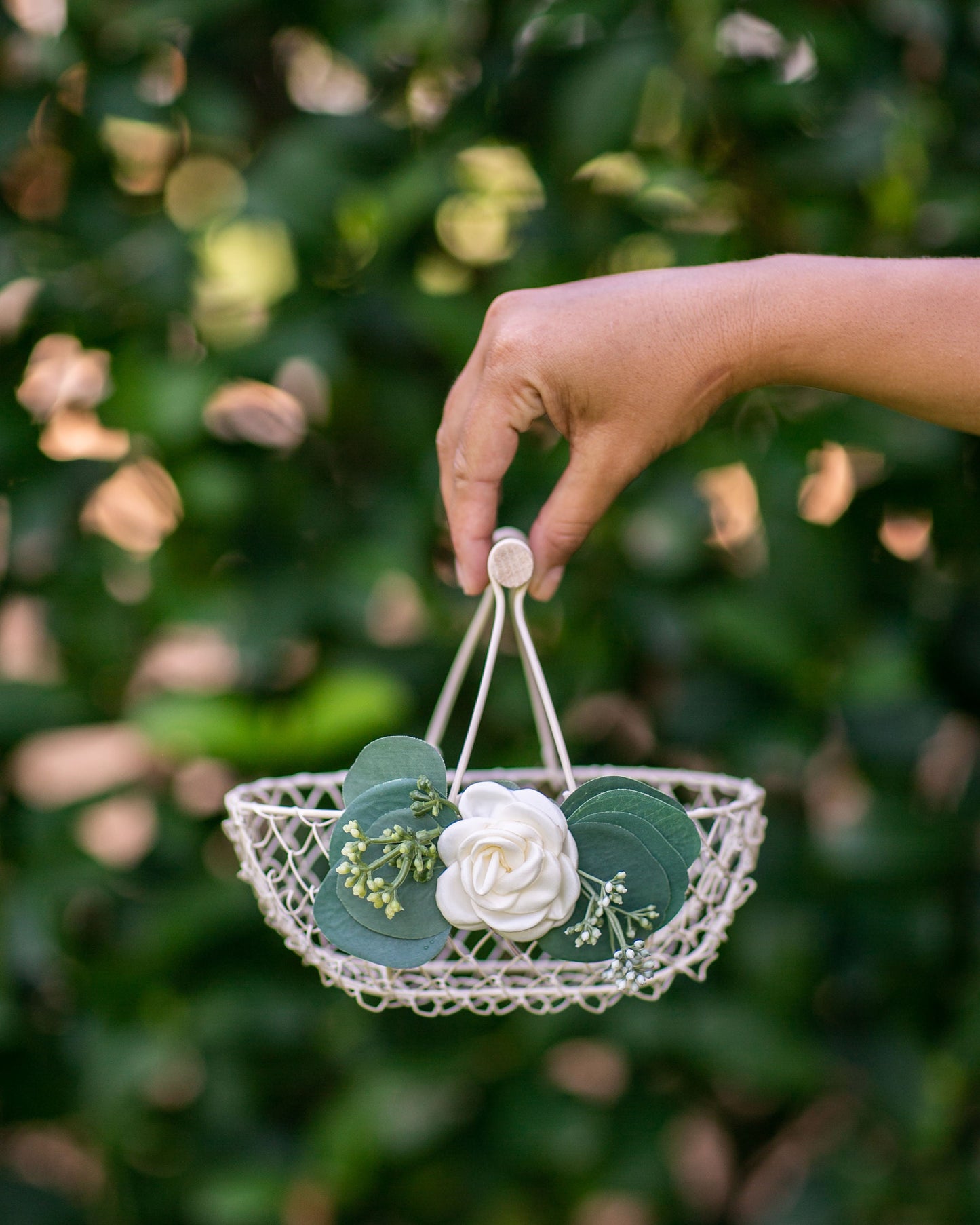 Imani Eucalyptus Flower Girl Basket: Ivory Wedding Decor