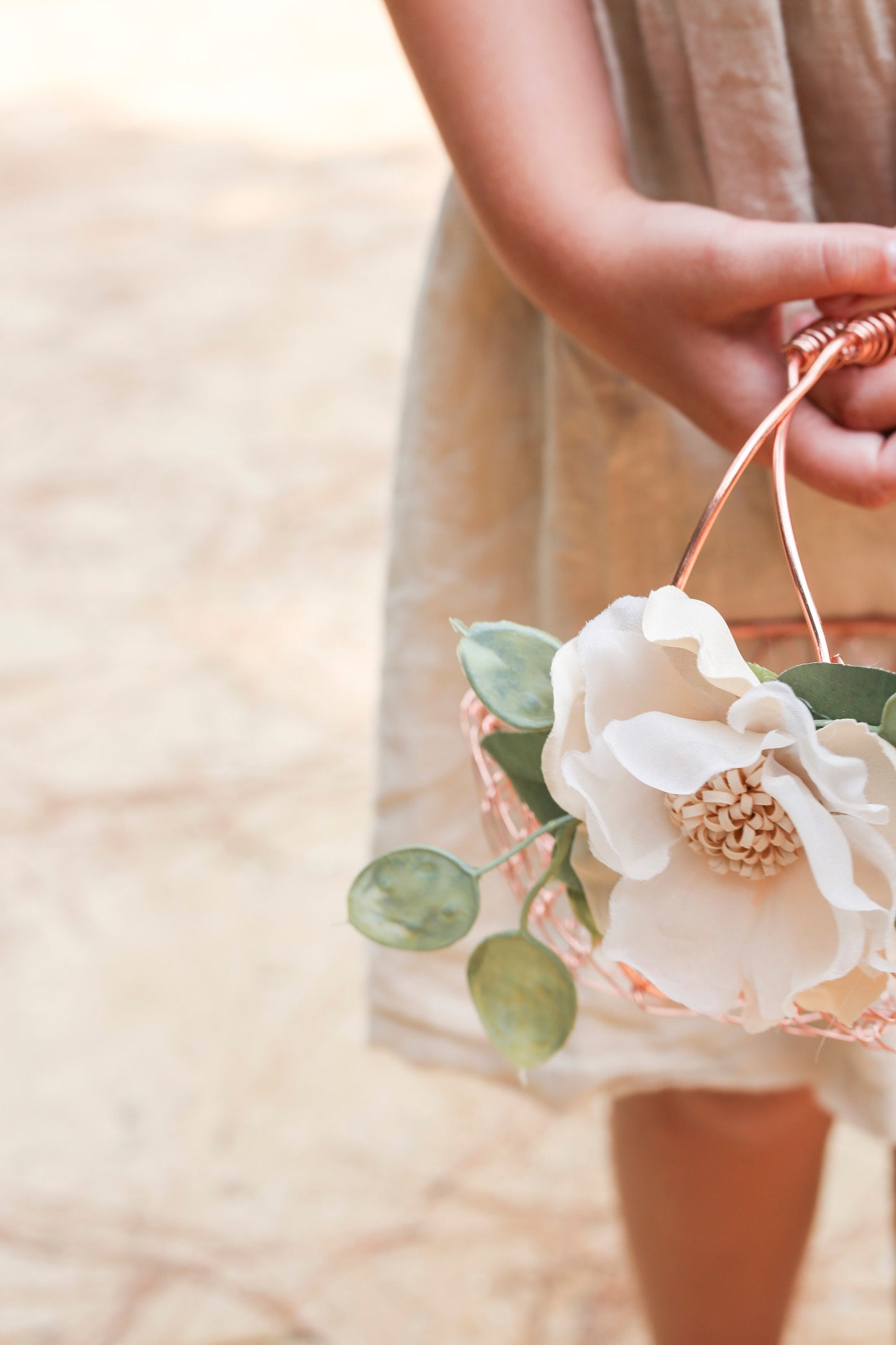 Rose Gold Flower Girl Basket: Eucalyptus & Camellia Wedding Decor