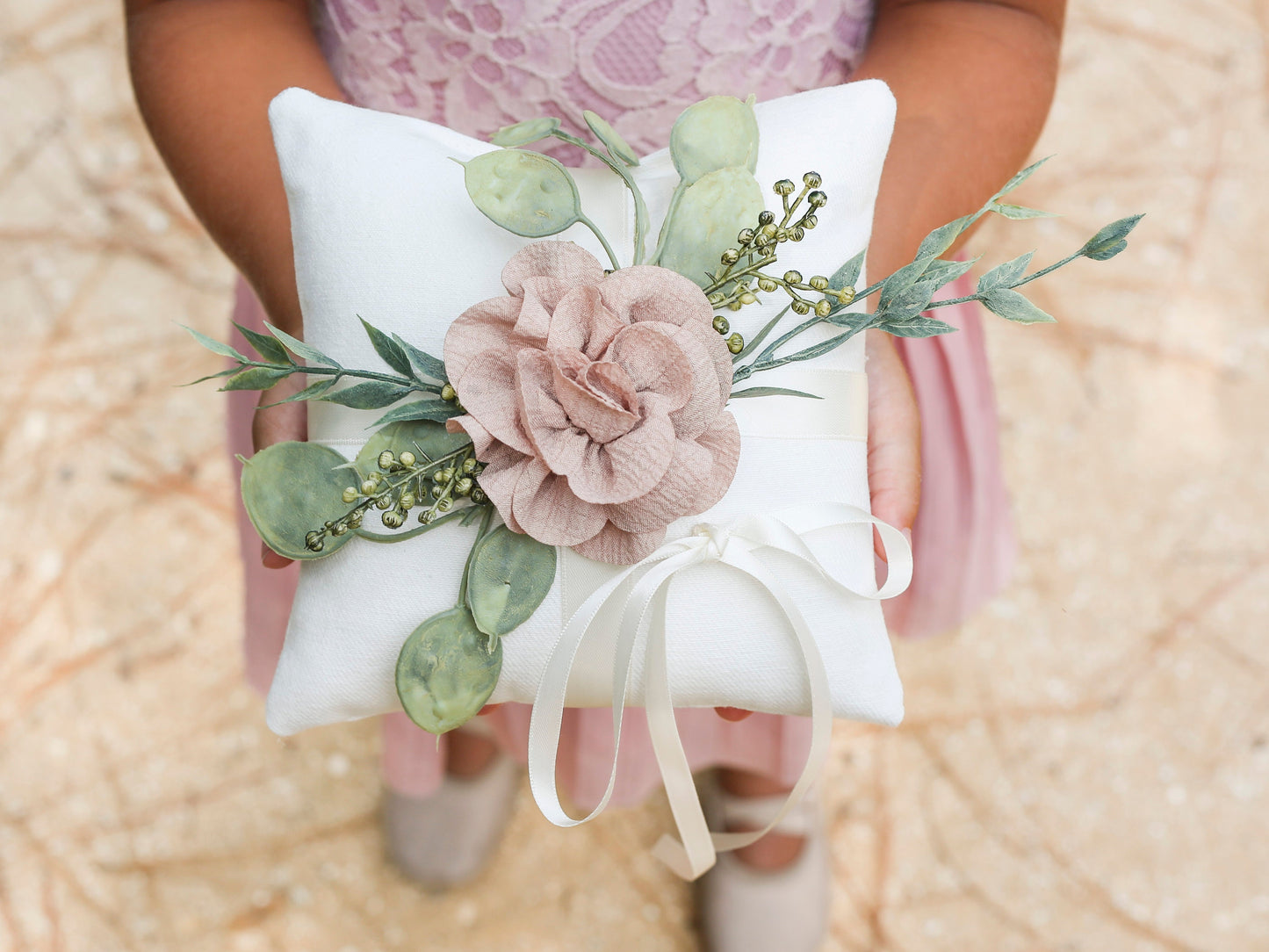 Ivory Linen-Look Ring Bearer Pillow: Floral Greenery Accent