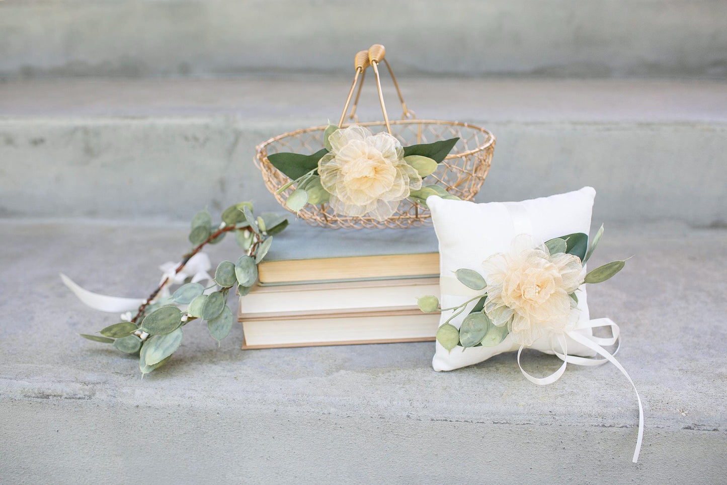 Champagne Gold Flower Girl Basket: Handmade Organza Rose Wedding Decor