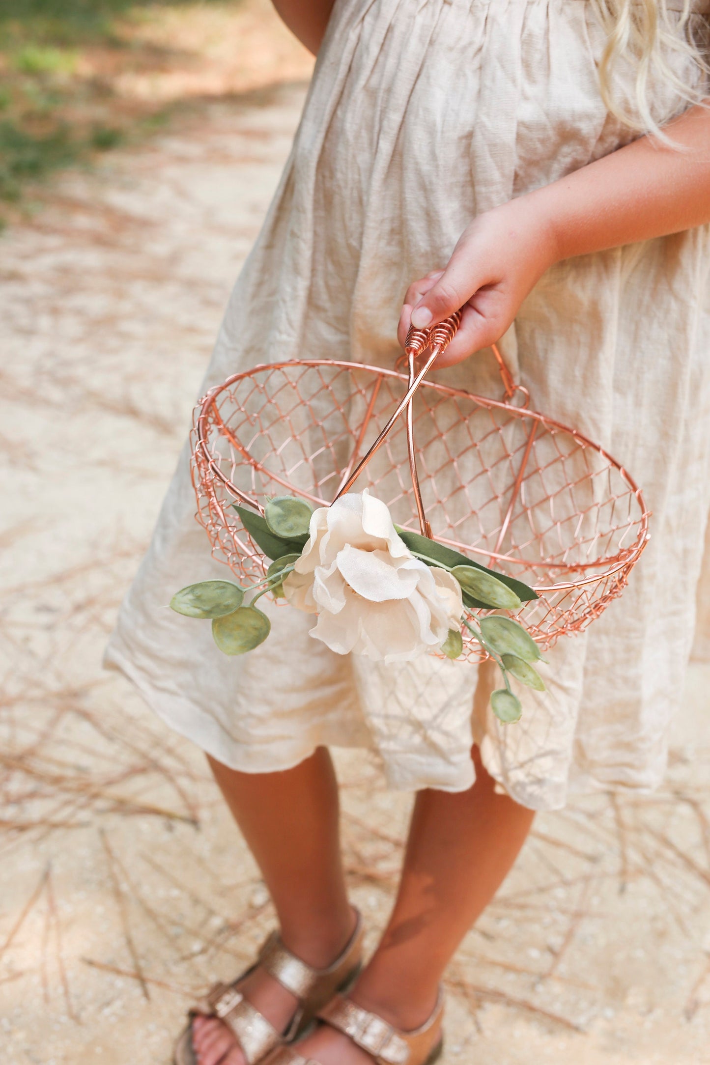 Rose Gold Flower Girl Basket: Eucalyptus & Camellia Wedding Decor