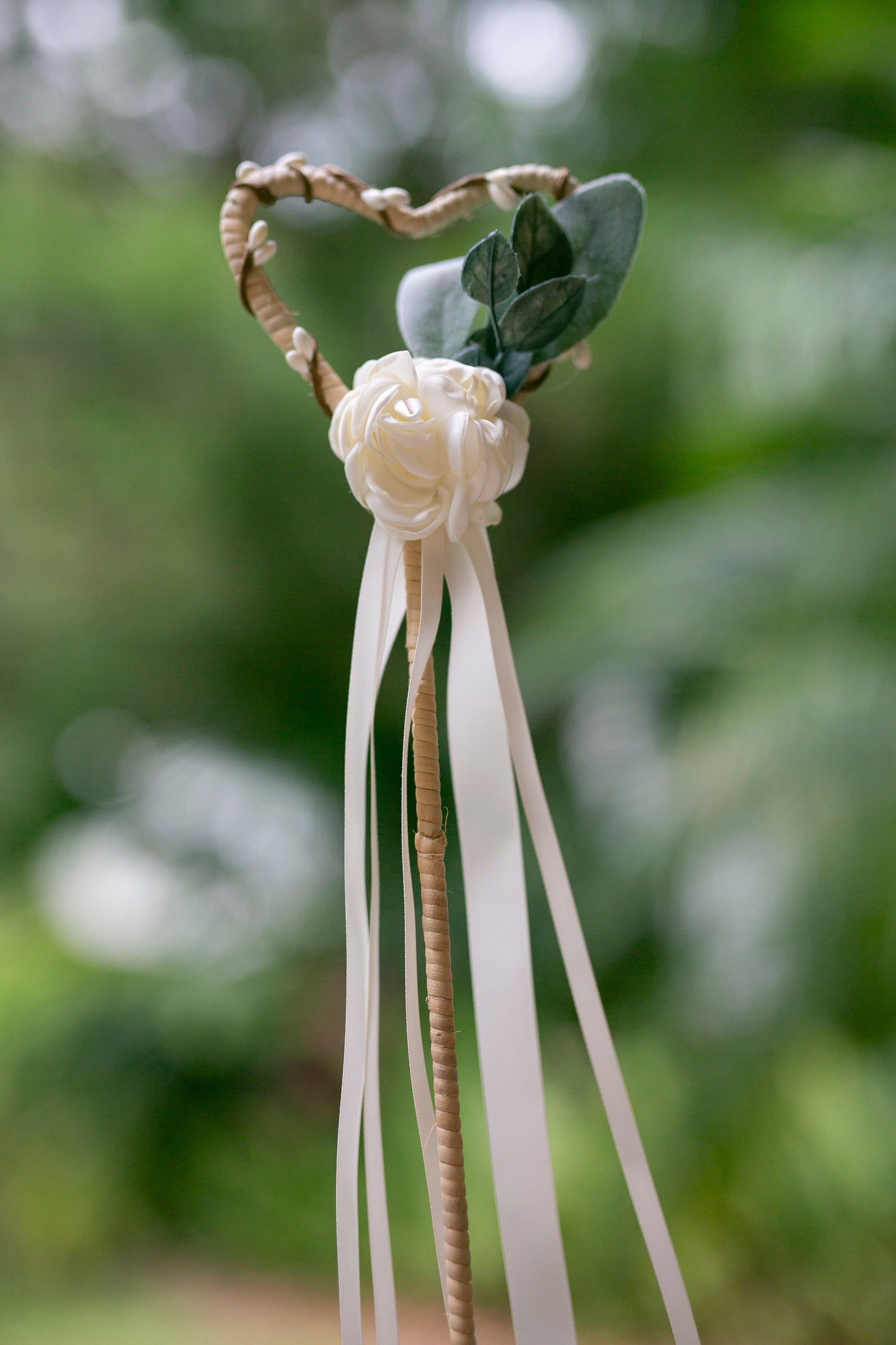 Flower Girl Heart Wand: Ivory Rosette, Satin Ribbons Wedding Wand