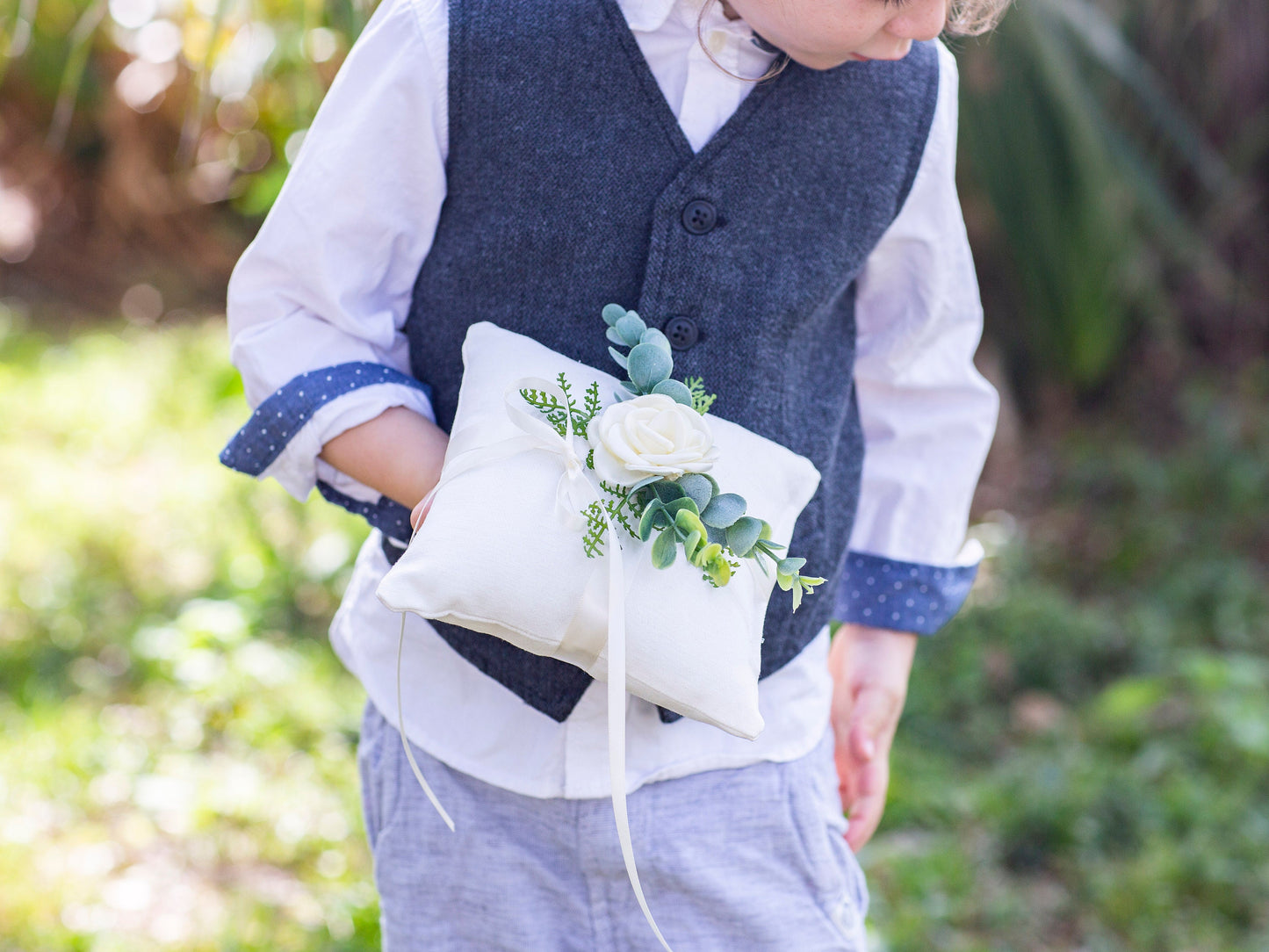 Floral Wedding Ring Pillow: Linen Look with Eucalyptus & Fern