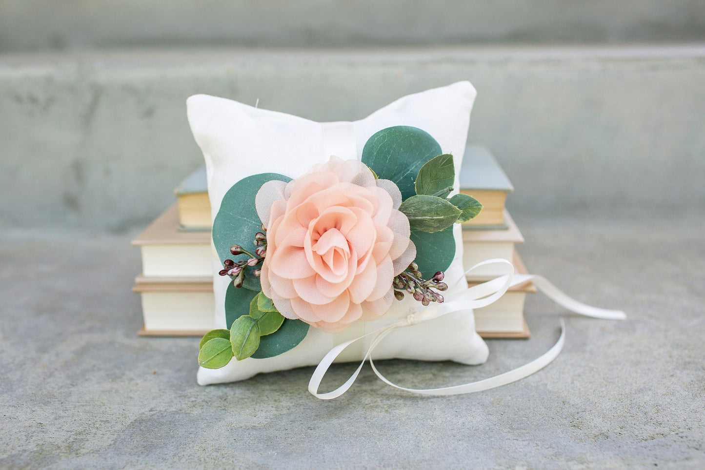 Blush Wedding Ring Bearer Pillow: Ivory Linen-Look, Floral & Greenery
