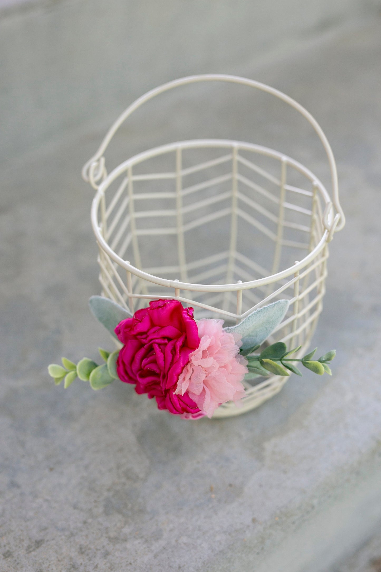 Pink Floral Flower Girl Basket: Ivory Metal Wedding Decor