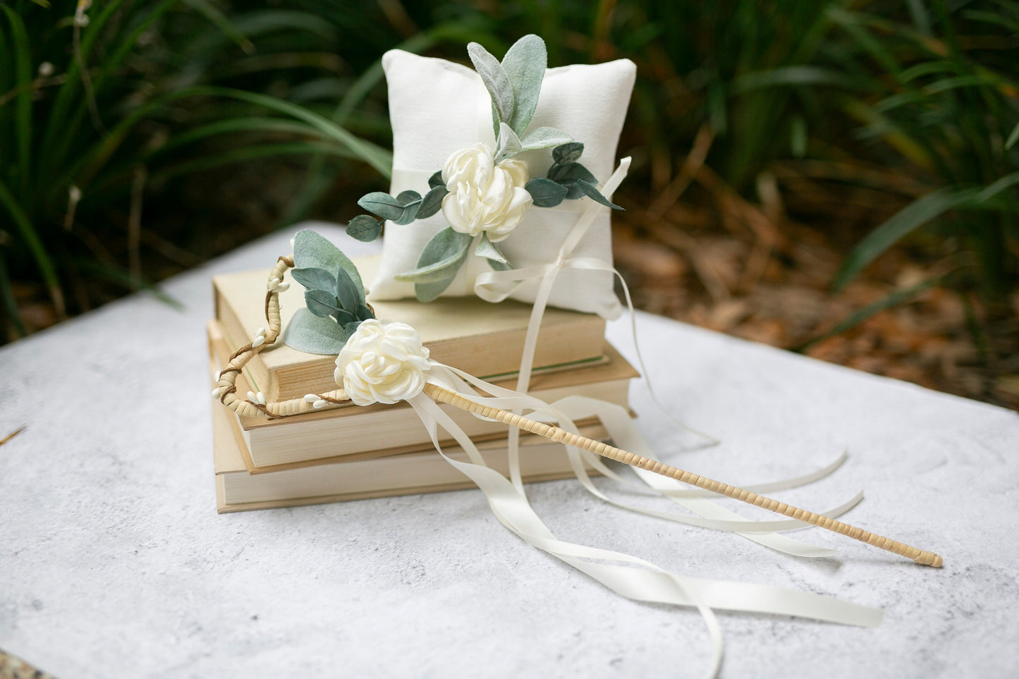 Flower Girl Heart Wand: Ivory Rosette, Satin Ribbons Wedding Wand