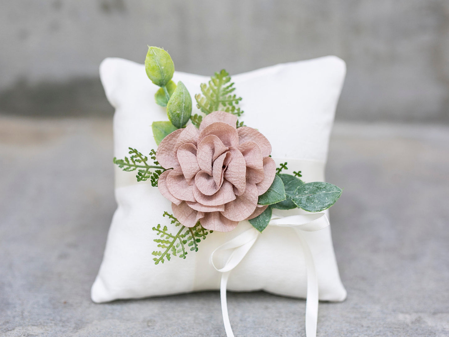 Silas Rustic Wedding Ring Pillow: Ivory Linen with Faux Eucalyptus
