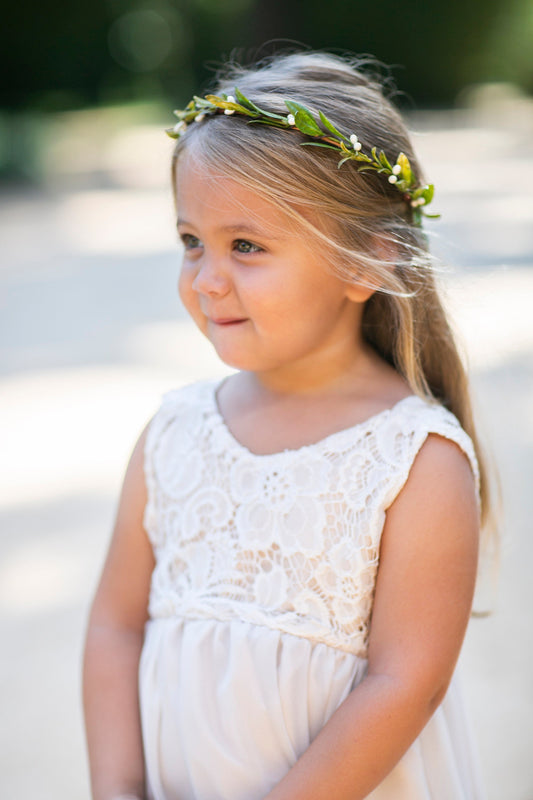 Lyric Delicate Greenery Flower Crown: Ivory Berries, Silk Ribbon Tie