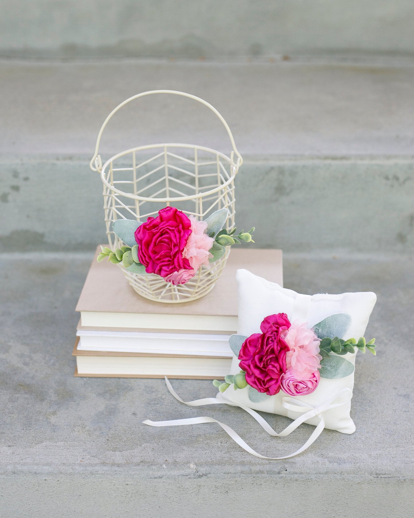Pink Floral Flower Girl Basket: Ivory Metal Wedding Decor