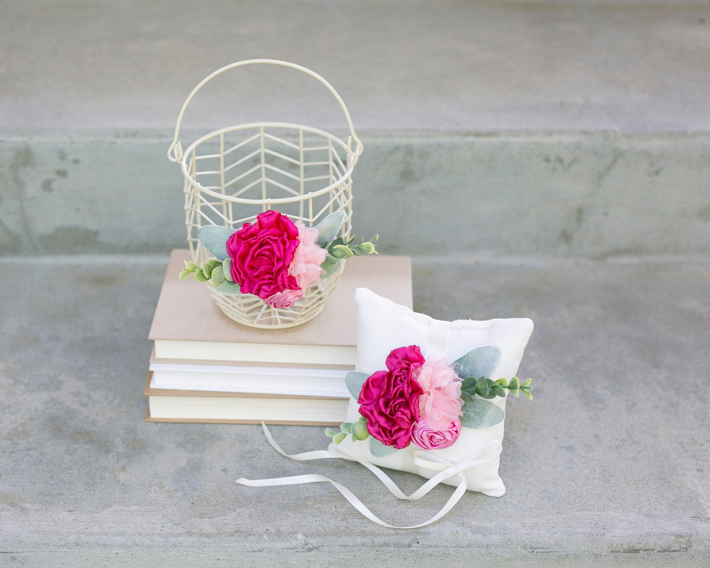 Pink Floral Flower Girl Basket: Ivory Metal Wedding Decor
