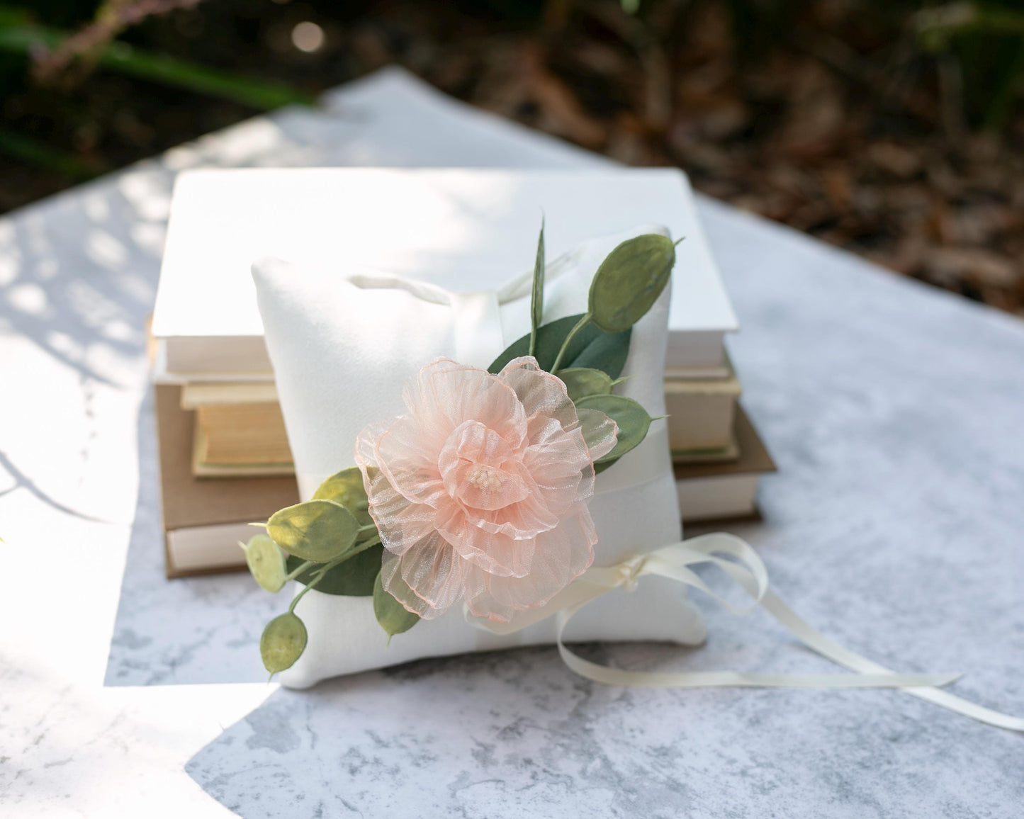 August Eucalyptus Ring Bearer Pillow: Ivory Linen, Floral Accent | Choose your flower color