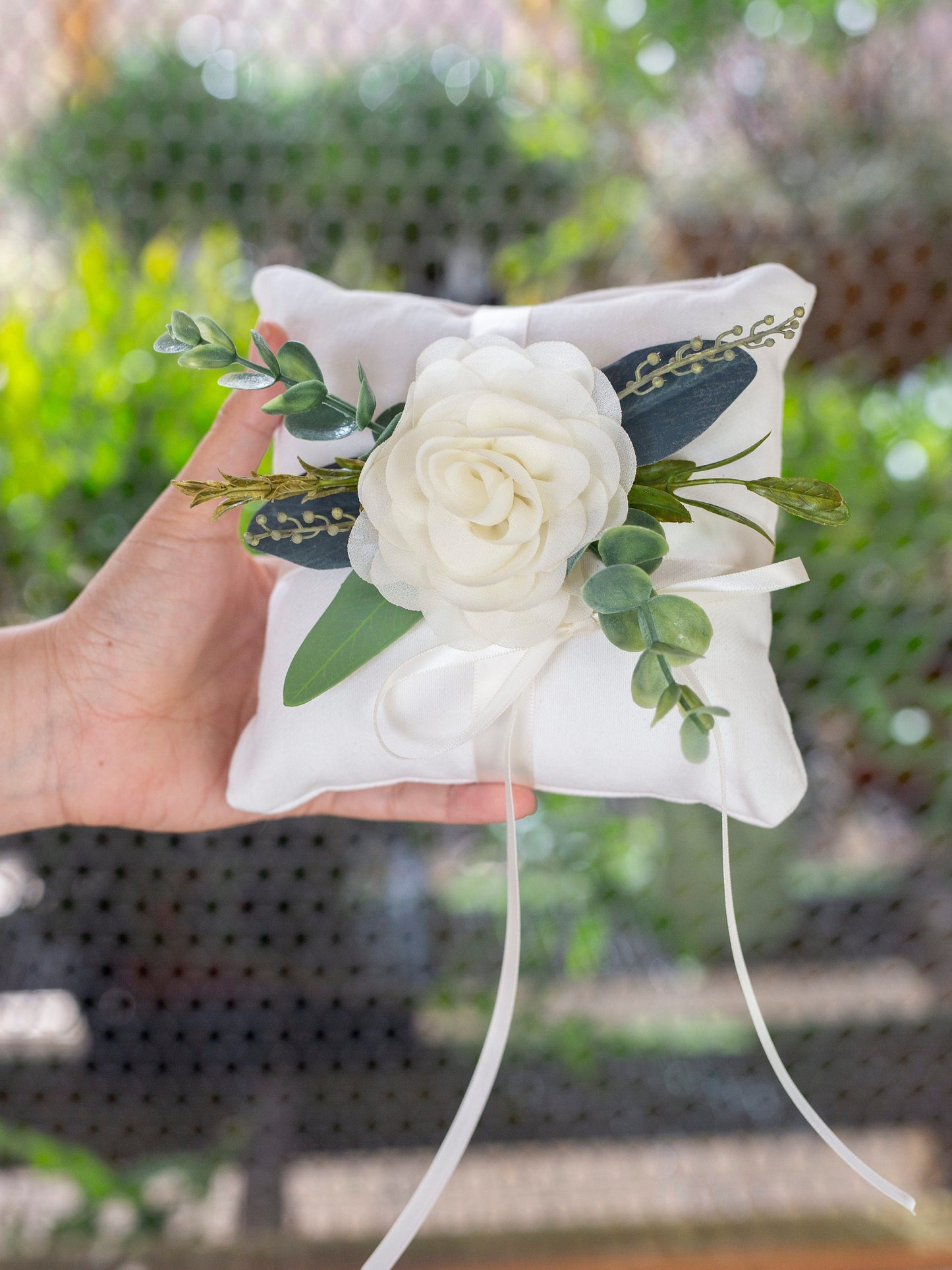 Ivory Ring Bearer Pillow: Linen-Look Fabric, Greenery Wedding Decor
