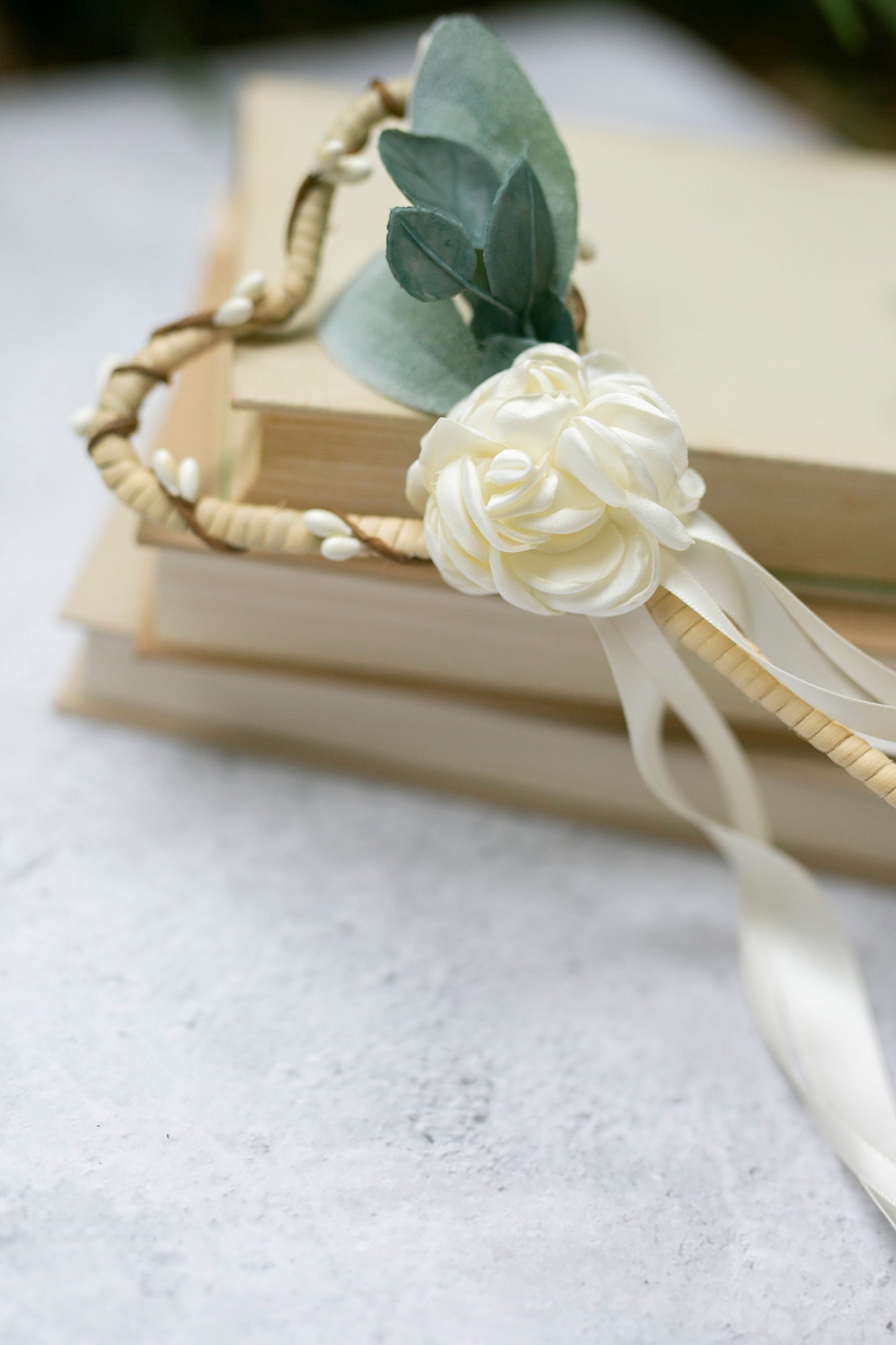Flower Girl Heart Wand: Ivory Rosette, Satin Ribbons Wedding Wand