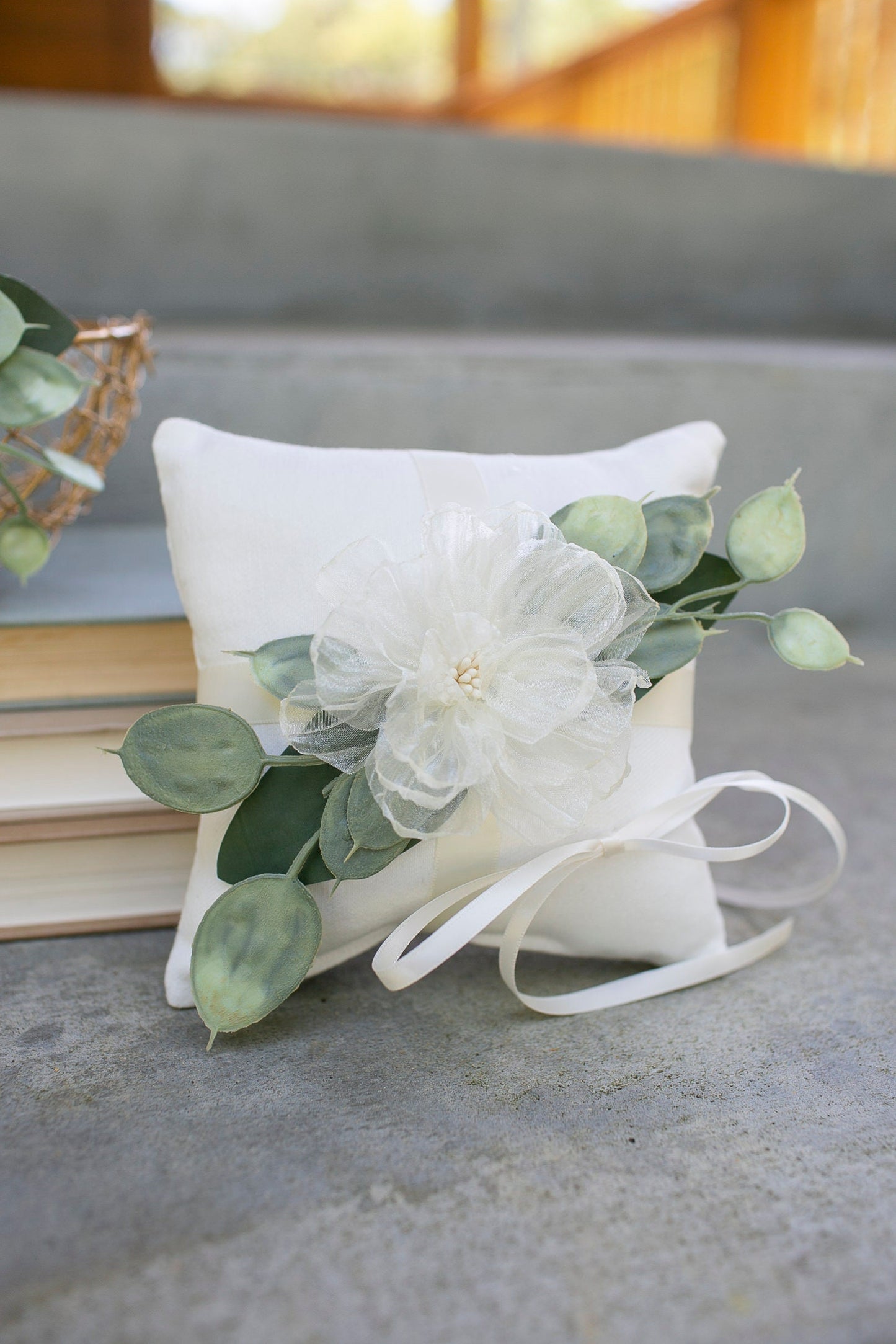 Amber Champagne Gold Flower Girl Basket: Ivory Rose & Eucalyptus Wedding Decor