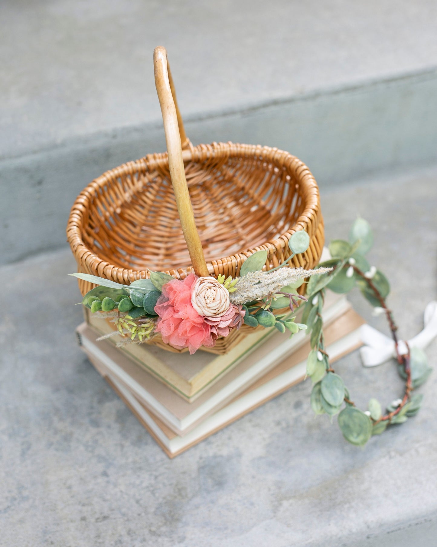Francesca Flower Girl Basket & Ring Pillow Set | Spring + Summer Weddings Rattan l Basket | Boho Desert Flower Petal Basket | Gift Basket w/ Greenery