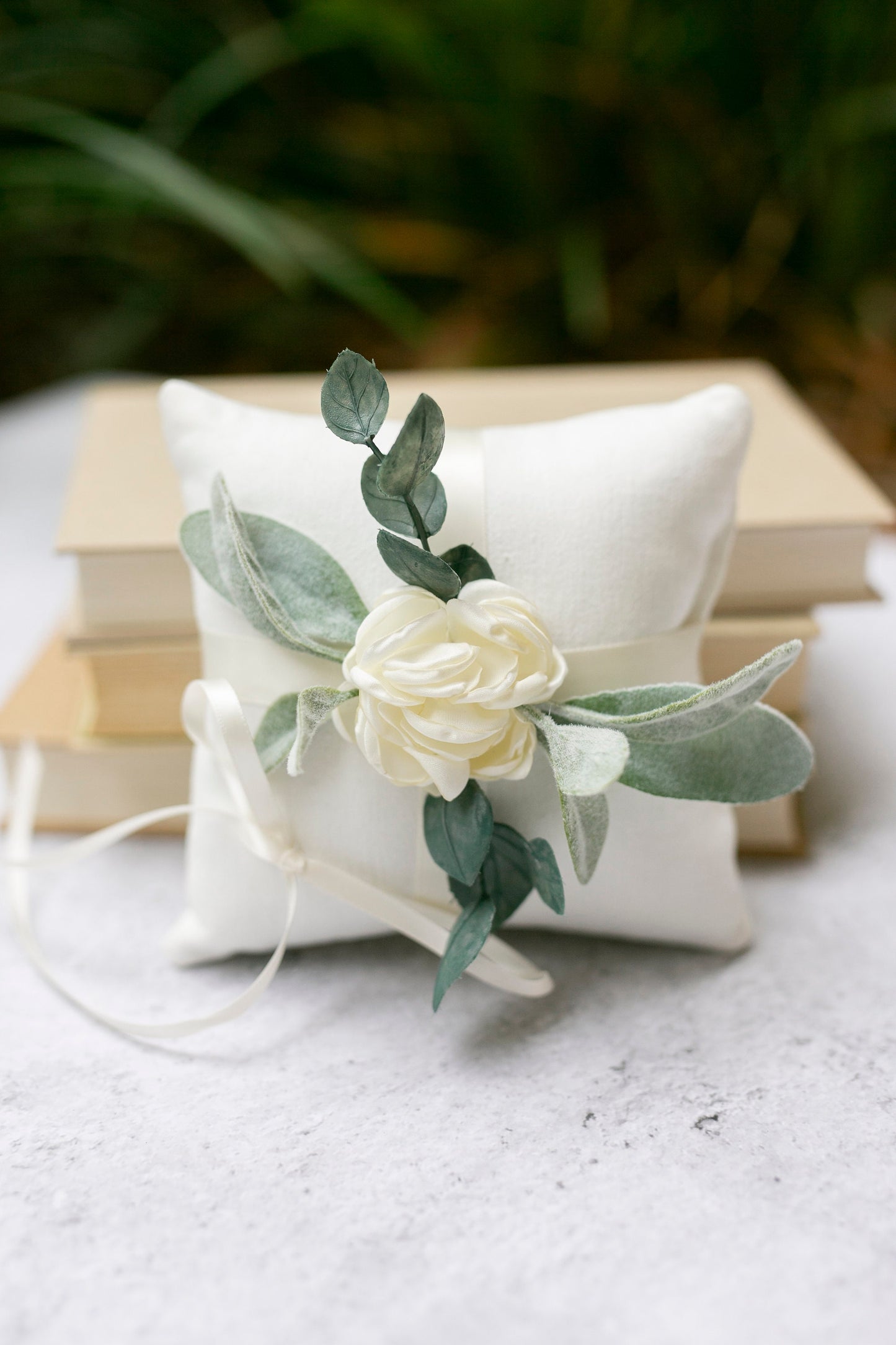Sage Floral Ring Bearer Pillow: Ivory Linen-Look Wedding Ring Cushion