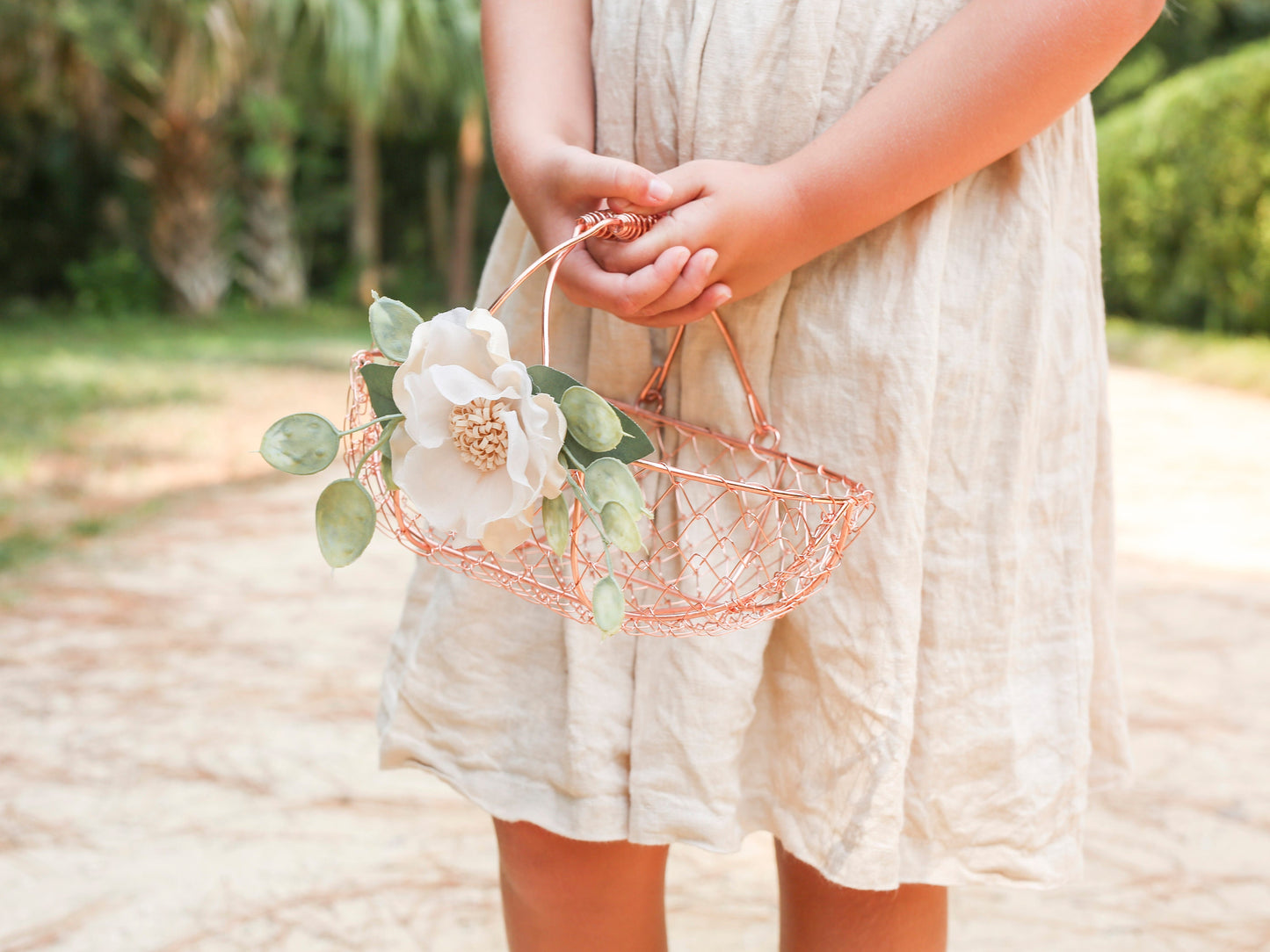 Rose Gold Flower Girl Basket: Eucalyptus & Camellia Wedding Decor