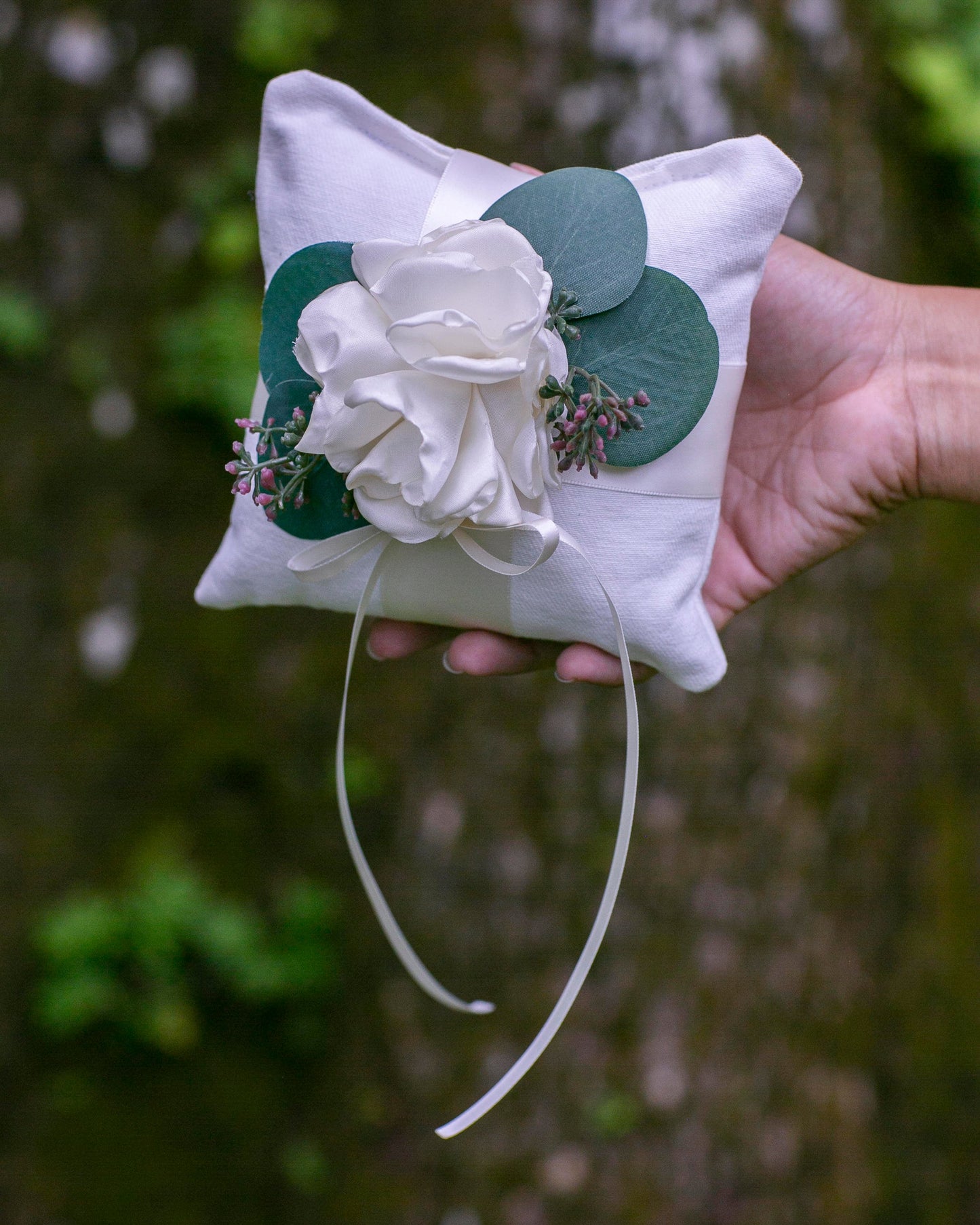 Handmade Ivory Ring Bearer Pillow: Linen-Look Fabric, Eucalyptus Wedding