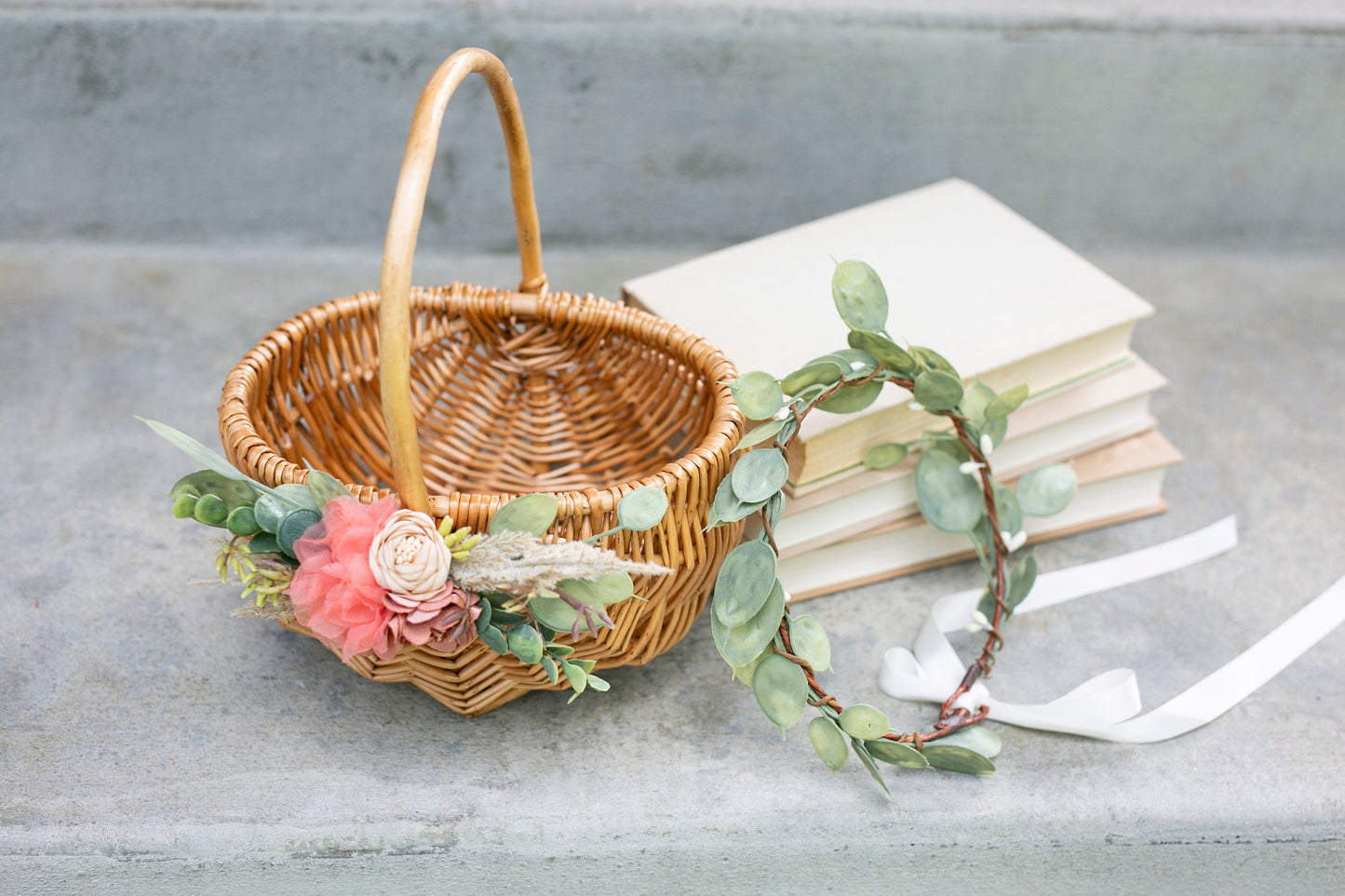 Francesca Flower Girl Basket & Ring Pillow Set | Spring + Summer Weddings Rattan l Basket | Boho Desert Flower Petal Basket | Gift Basket w/ Greenery