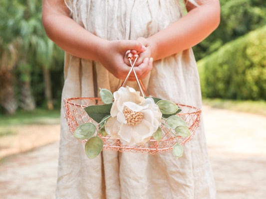 Rose Gold Flower Girl Basket: Eucalyptus & Camellia Wedding Decor